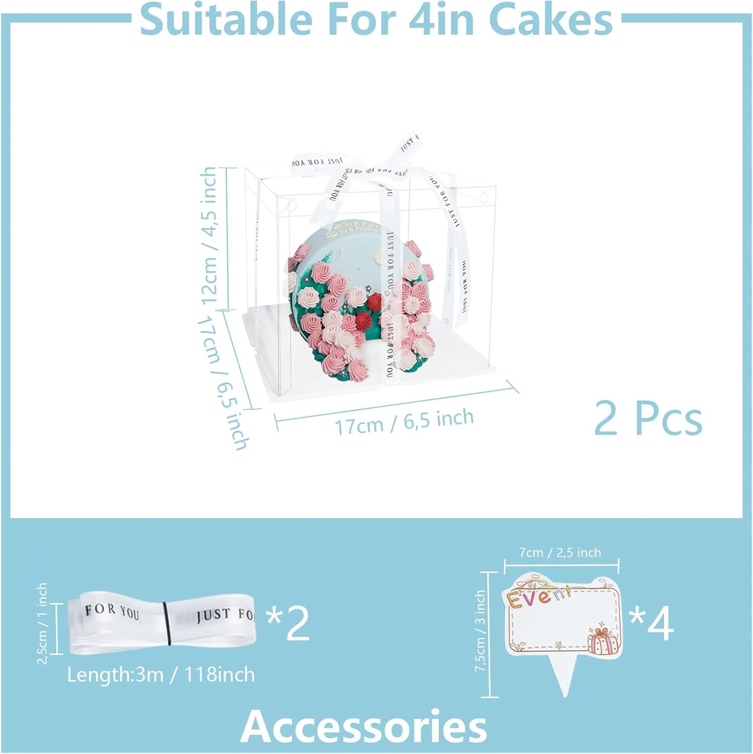 Wholesale Clear Plastic Cake Boxes 6.5x6.5x4.5 Inch (2 Pack) DIY Assemble Bakery Containers with 20ft Satin Ribbon and 4 Paper Topper Cards BPA-Free for Wedding Desserts Birthday Cupcakes Party Display Manufacturer