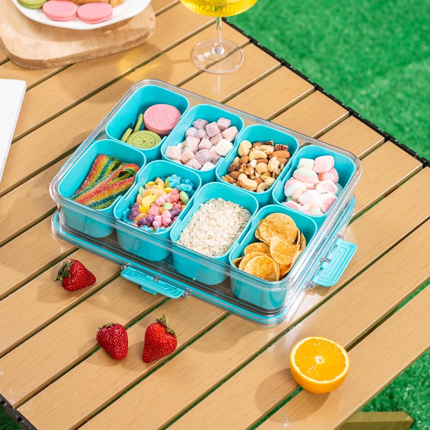 Wholesale Divided Snack Serving Tray with Lid and Handle Travel Charcuterie Container Portable Organizer for Candy Fruits Nuts Snacks Parties Picnics 1 Pack Lake Blue Manufacturer