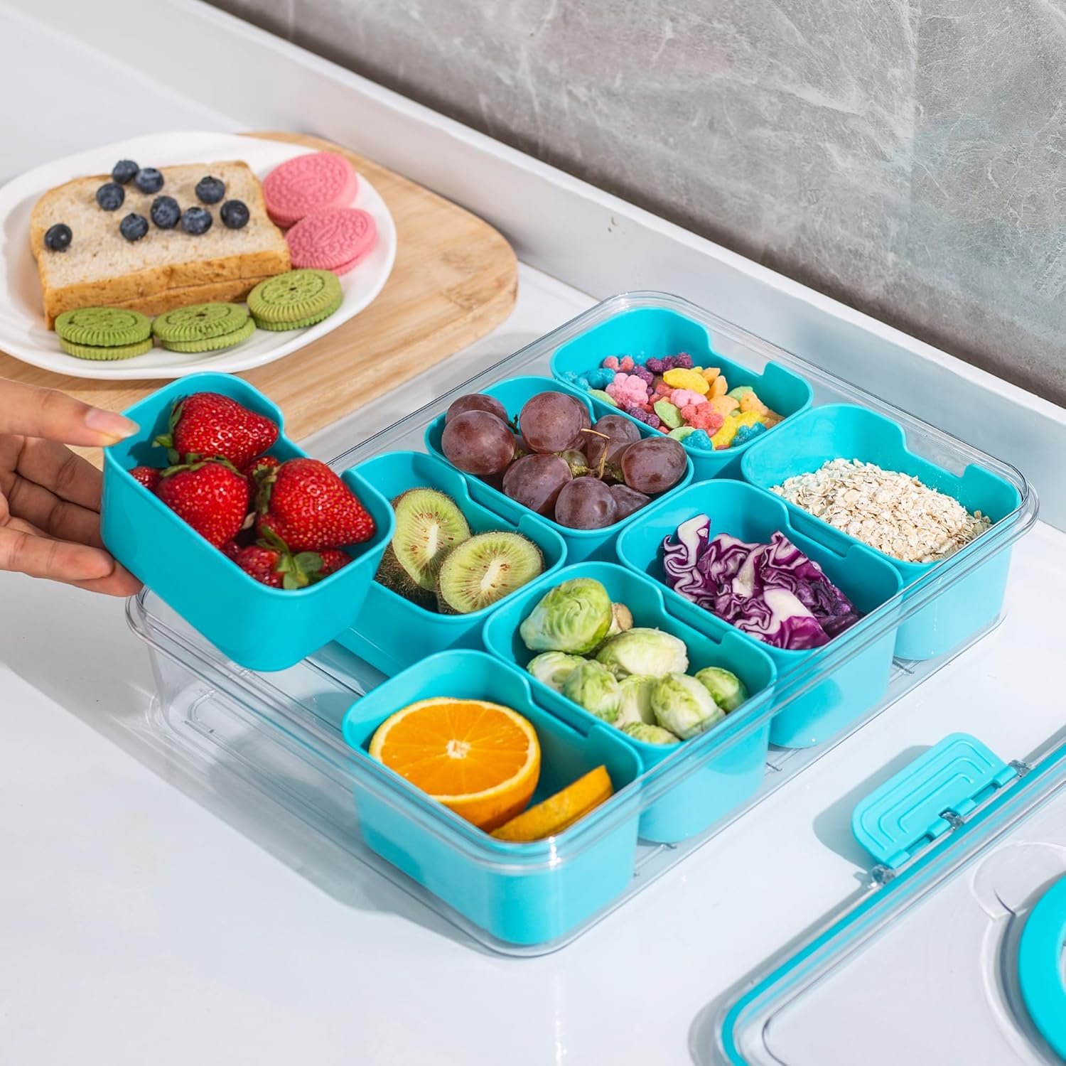 Wholesale Divided Snack Serving Tray with Lid and Handle Travel Charcuterie Container Portable Organizer for Candy Fruits Nuts Snacks Parties Picnics 1 Pack Lake Blue Manufacturer