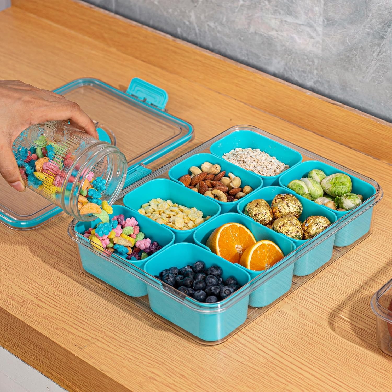 Wholesale Divided Snack Serving Tray with Lid and Handle Travel Charcuterie Container Portable Organizer for Candy Fruits Nuts Snacks Parties Picnics 1 Pack Lake Blue Manufacturer