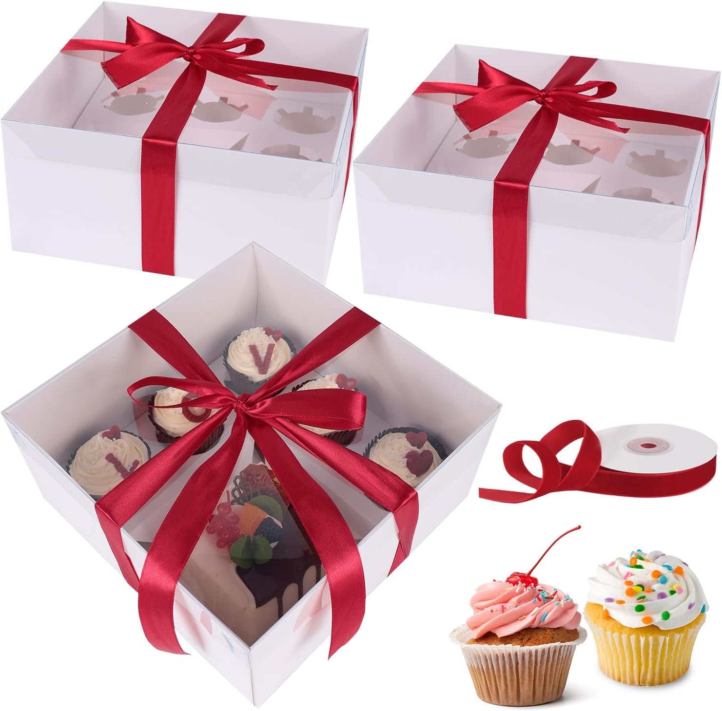 Wholesale 6 Packs 1+5 Bento Cake Box with Clear Lid 1 Small Cake and 5 Cupcakes with Stickers Red Ribbon for Family Birthday Mother's Day Manufacturer