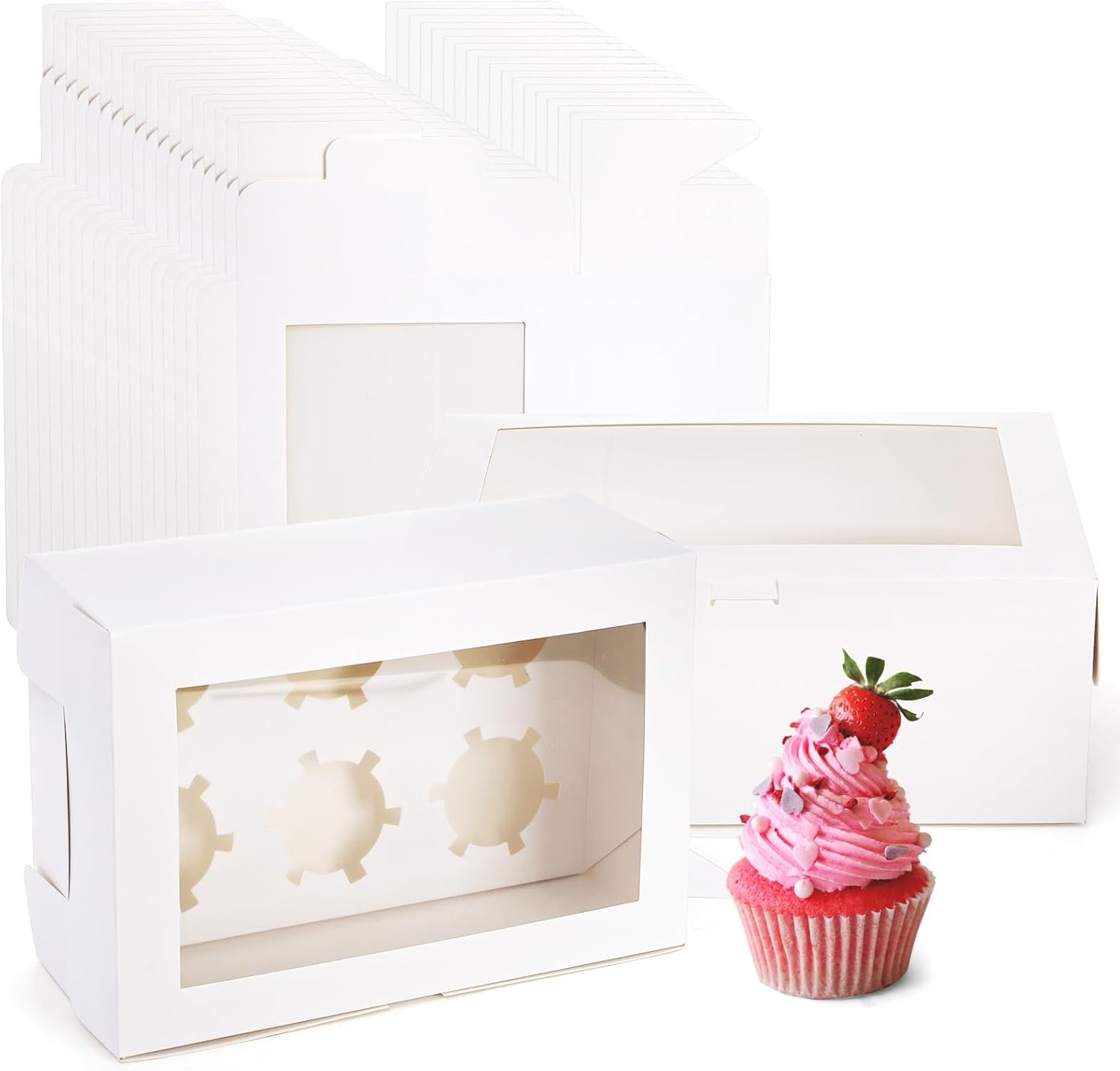 Wholesale 30 Pack White Jumbo Cupcake Boxes 6 Cupcake Containers with Windows Handle Tray and Inserts 10 x 6.8 x 4 Inch Tall Paper Holders for Muffins Standard or High Cream Cupcakes Manufacturer