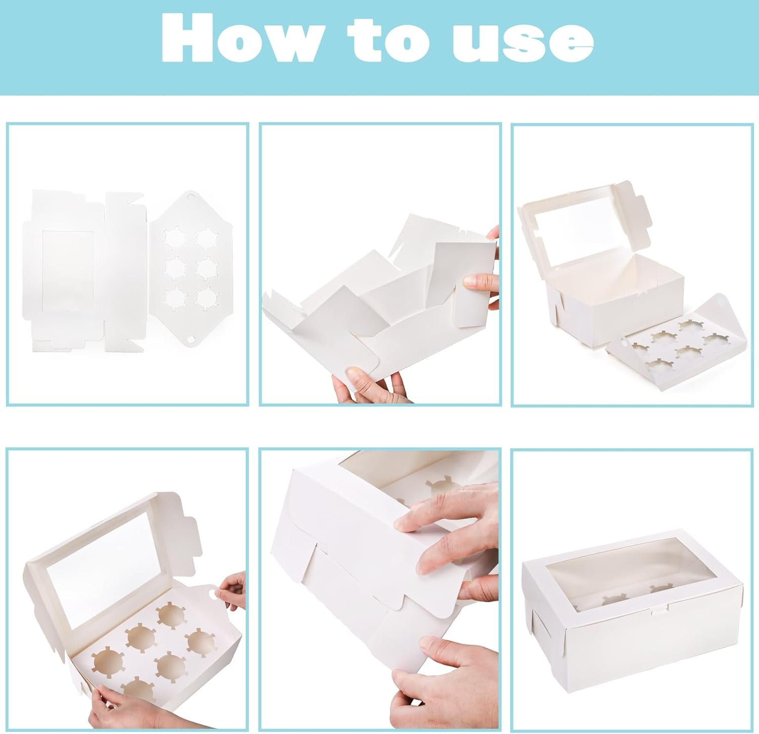 Wholesale 30 Pack White Jumbo Cupcake Boxes 6 Cupcake Containers with Windows Handle Tray and Inserts 10 x 6.8 x 4 Inch Tall Paper Holders for Muffins Standard or High Cream Cupcakes Manufacturer