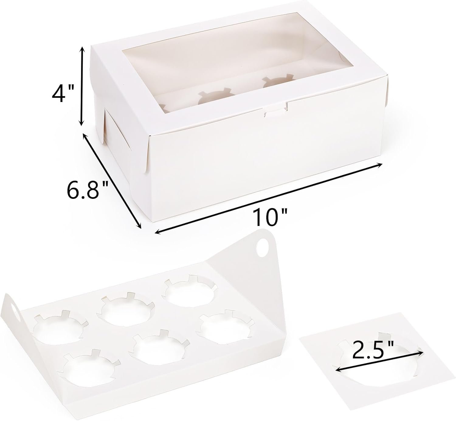 Wholesale 30 Pack White Jumbo Cupcake Boxes 6 Cupcake Containers with Windows Handle Tray and Inserts 10 x 6.8 x 4 Inch Tall Paper Holders for Muffins Standard or High Cream Cupcakes Manufacturer