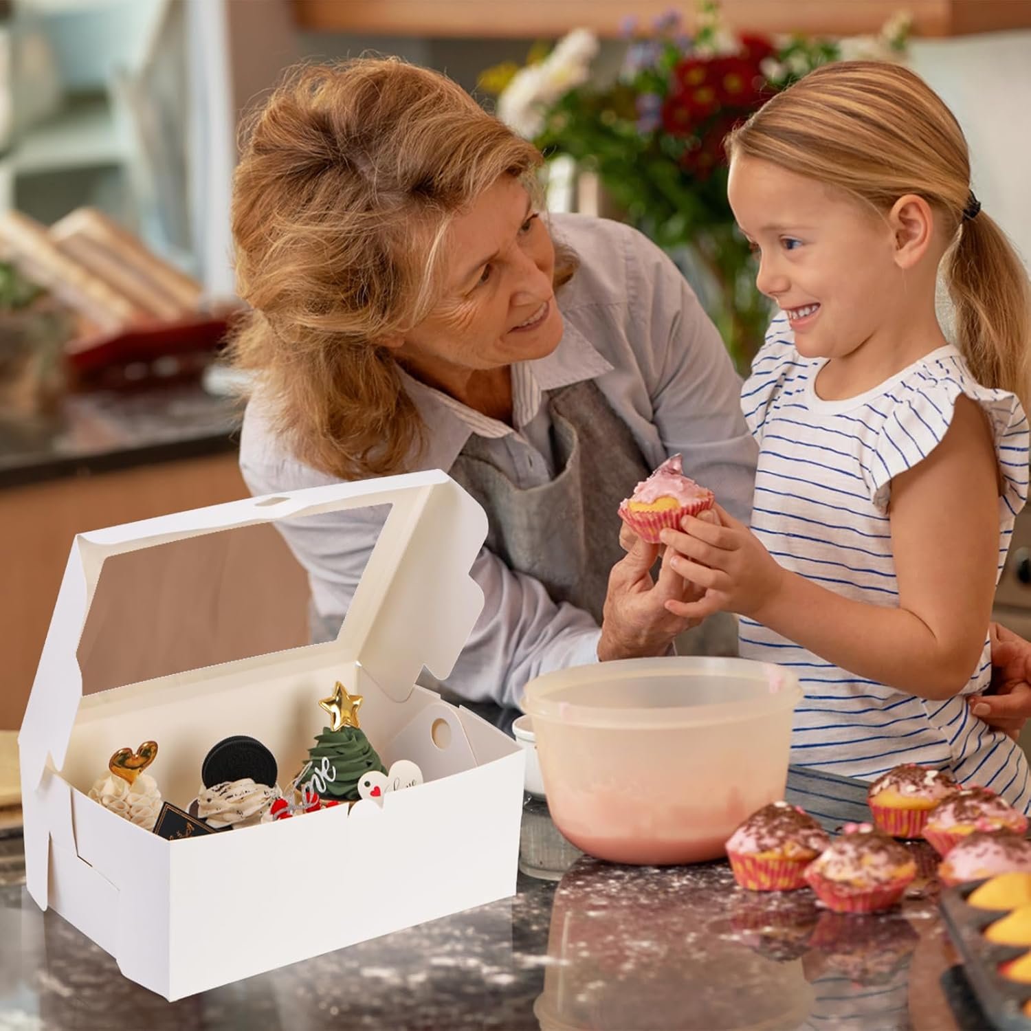 Wholesale 30 Pack White Jumbo Cupcake Boxes 6 Cupcake Containers with Windows Handle Tray and Inserts 10 x 6.8 x 4 Inch Tall Paper Holders for Muffins Standard or High Cream Cupcakes Manufacturer