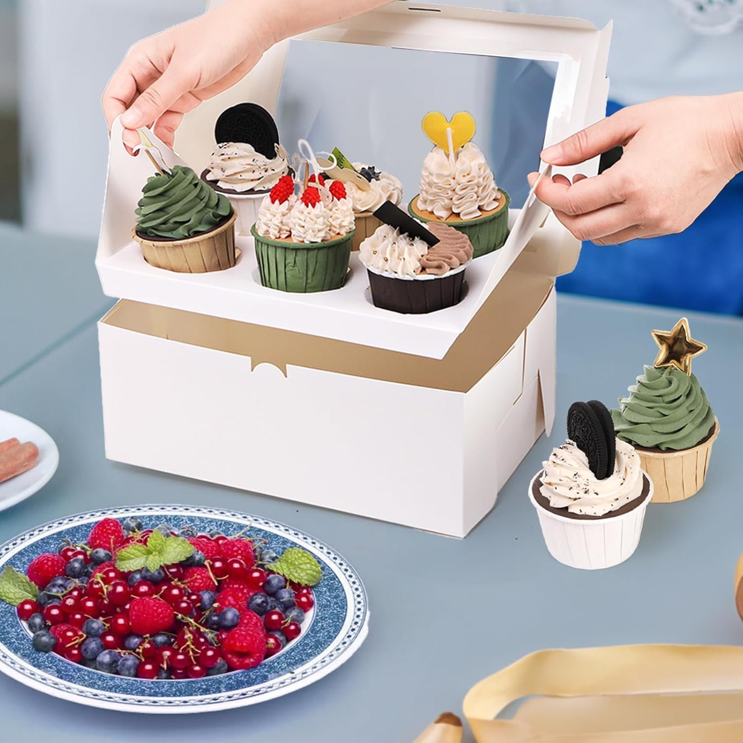 Wholesale 30 Pack White Jumbo Cupcake Boxes 6 Cupcake Containers with Windows Handle Tray and Inserts 10 x 6.8 x 4 Inch Tall Paper Holders for Muffins Standard or High Cream Cupcakes Manufacturer