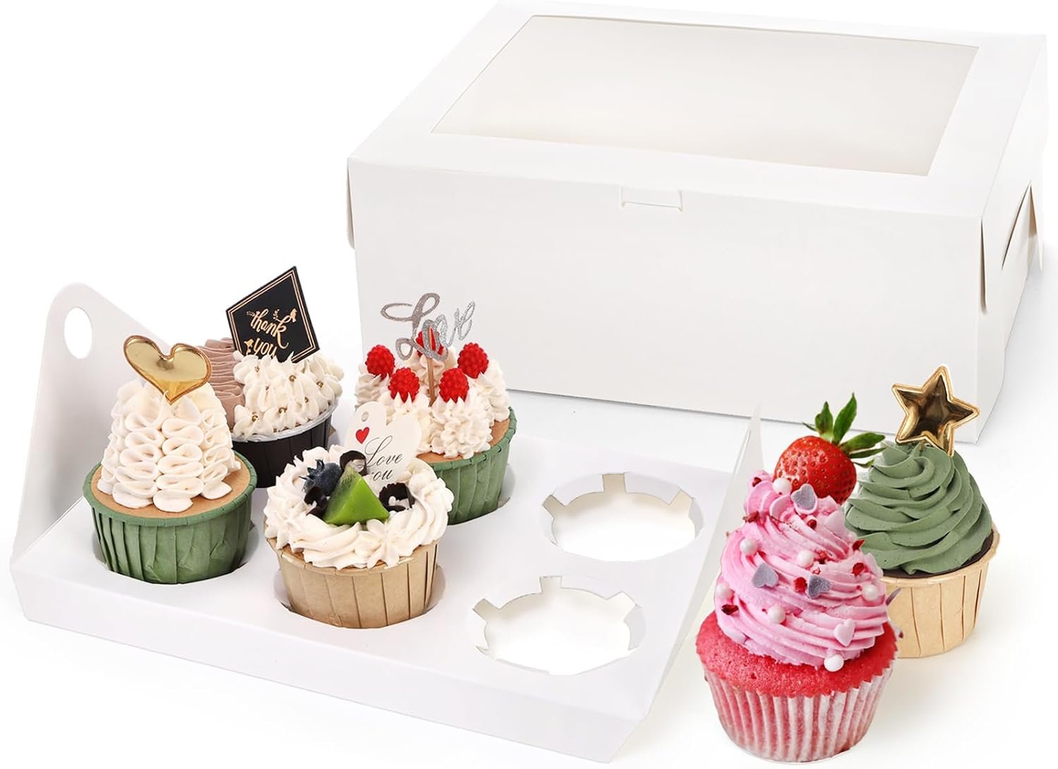 Wholesale 30 Pack White Jumbo Cupcake Boxes 6 Cupcake Containers with Windows Handle Tray and Inserts 10 x 6.8 x 4 Inch Tall Paper Holders for Muffins Standard or High Cream Cupcakes Manufacturer
