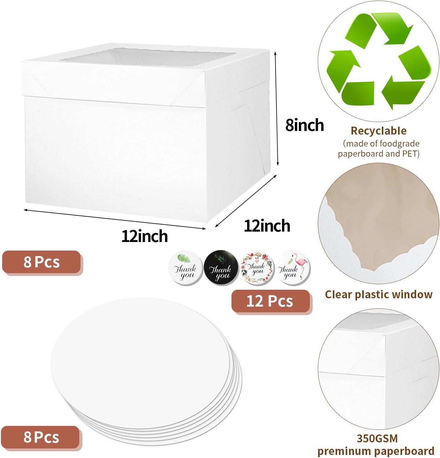 Wholesale 12x12x8 Inch Cake Boxes 16pcs Set with 8 White Bakery Boxes with Window and 8 Boards for 12 Inch Cakes Disposable Pie Boxes Manufacturer