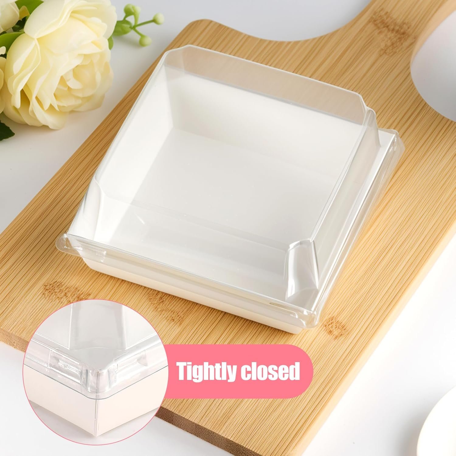 Wholesale 100 Pack 5 Inch Square Disposable Paper Charcuterie Boxes with Clear Lids and Rope Handles Kraft White Food Containers for Dessert Cake Cookies Sandwiches Manufacturer