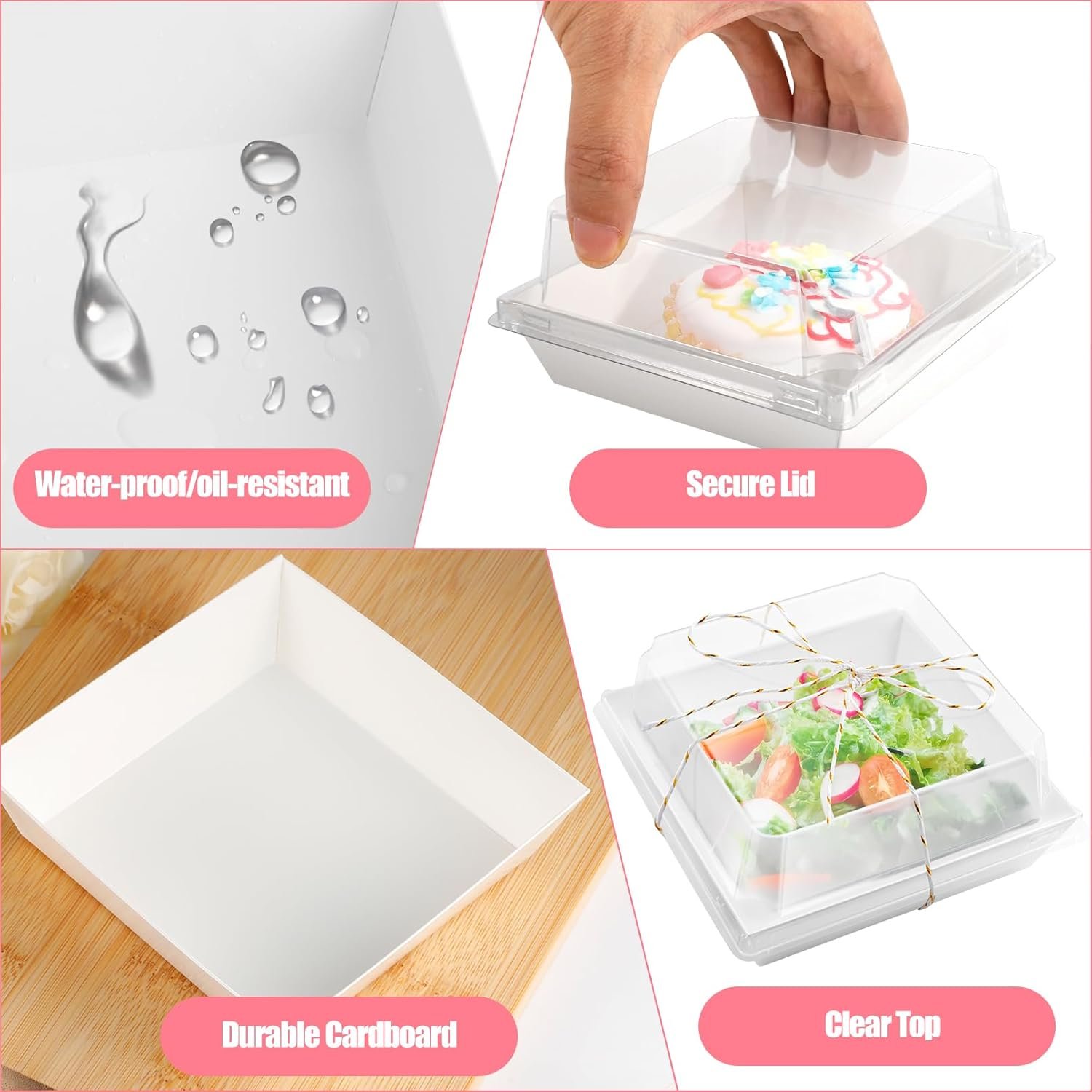 Wholesale 100 Pack 5 Inch Square Disposable Paper Charcuterie Boxes with Clear Lids and Rope Handles Kraft White Food Containers for Dessert Cake Cookies Sandwiches Manufacturer