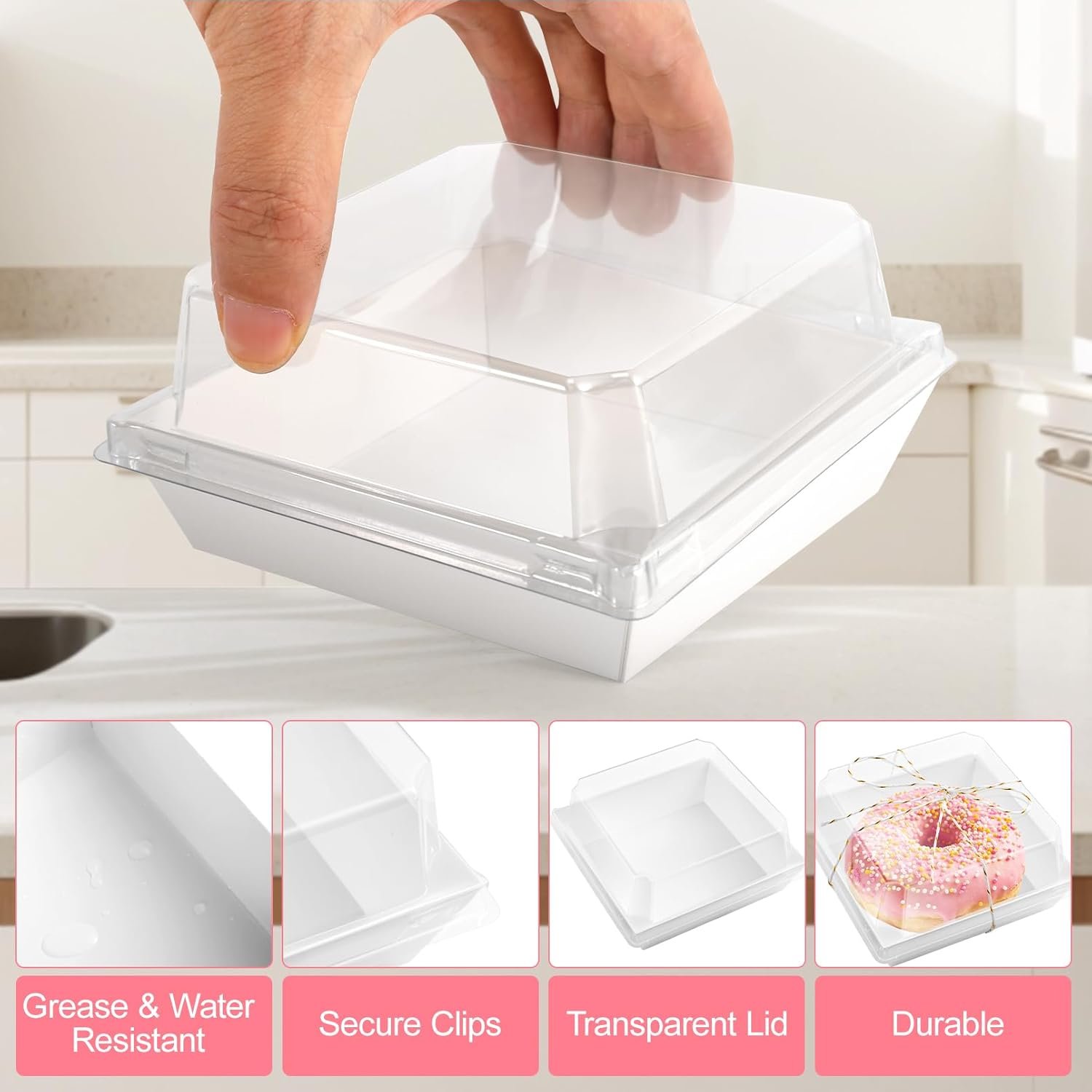 Wholesale 100 Pack 5 Inch Square Disposable Paper Charcuterie Boxes with Clear Lids and Rope Handles Kraft White Food Containers for Dessert Cake Cookies Sandwiches Manufacturer