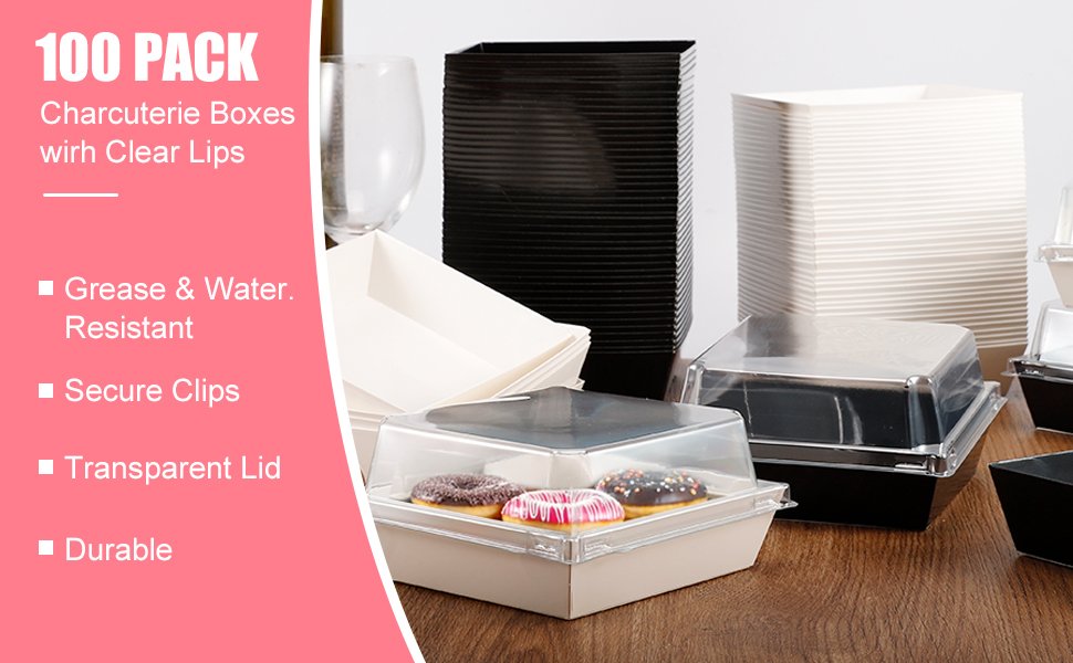 Wholesale 100 Pack 5 Inch Square Disposable Paper Charcuterie Boxes with Clear Lids and Rope Handles Kraft White Food Containers for Dessert Cake Cookies Sandwiches Manufacturer