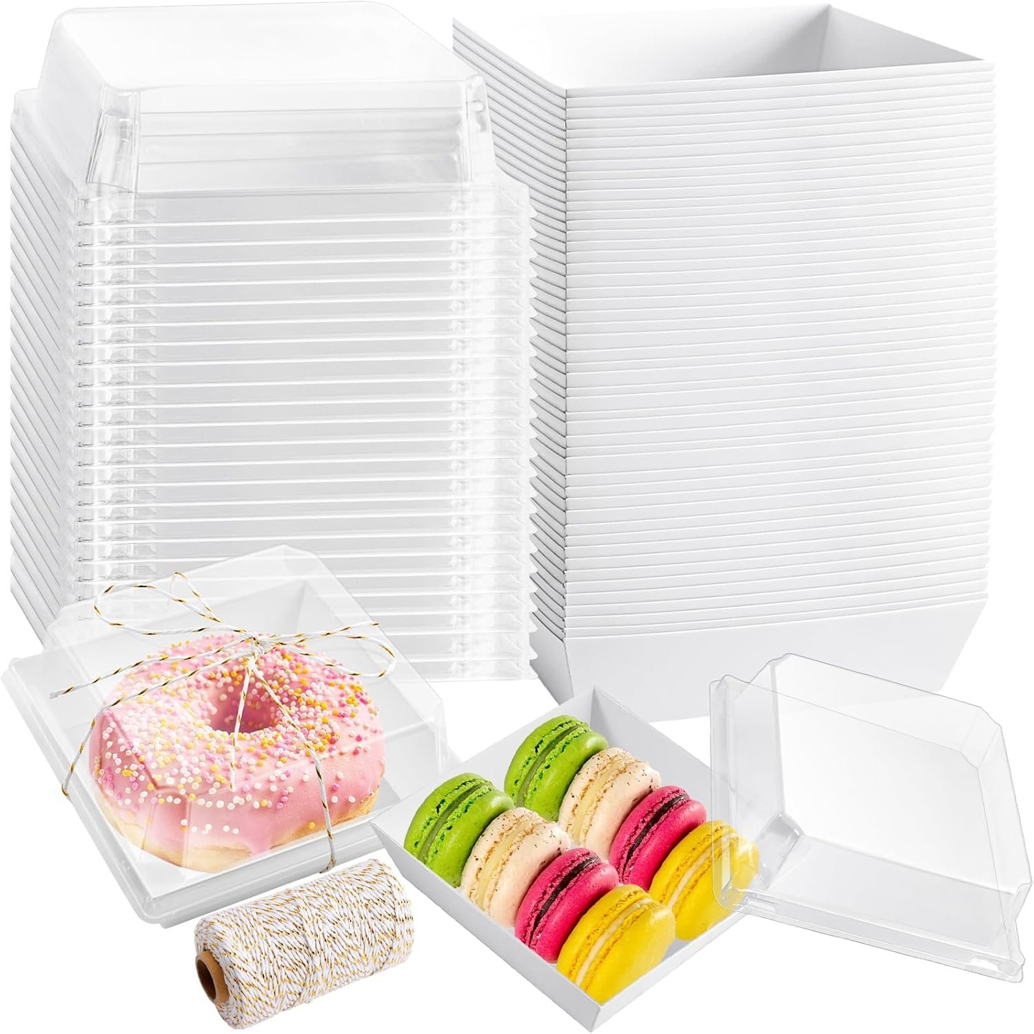 Wholesale 100 Pack 5 Inch Square Disposable Paper Charcuterie Boxes with Clear Lids and Rope Handles Kraft White Food Containers for Dessert Cake Cookies Sandwiches Manufacturer