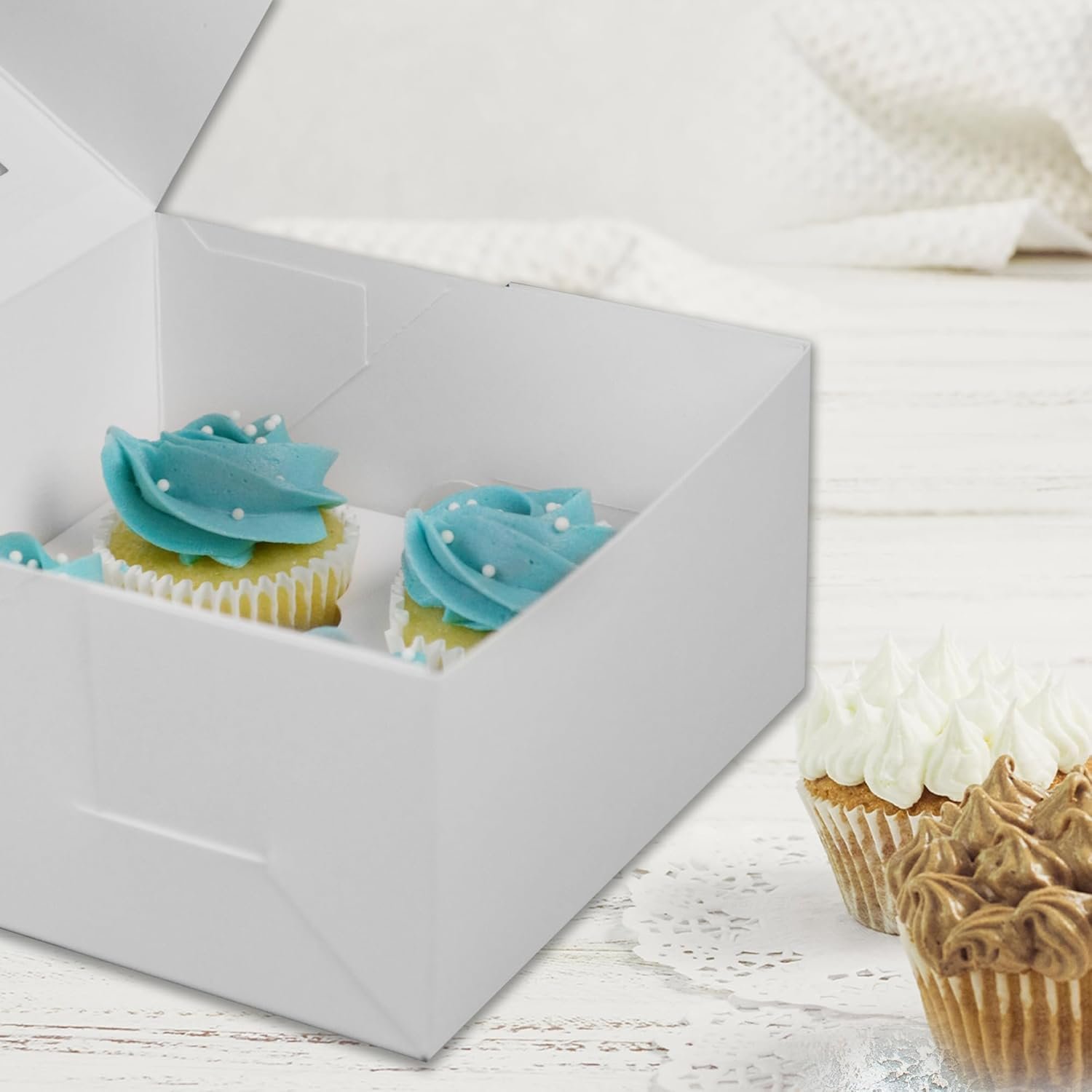 Wholesale White Mini Cupcake Favor Boxes with Windows and Inserts Designed to Hold 4 Mini Cupcakes Muffins or Pastries 12-Pack Manufacturer
