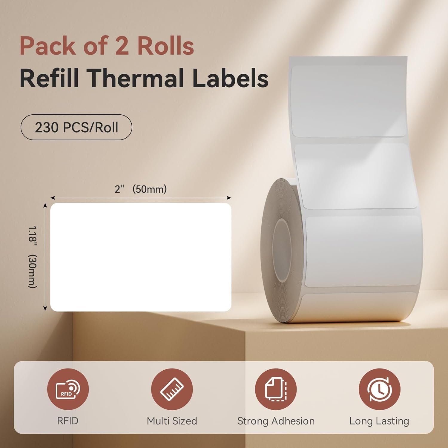 OEM 2 Rolls 2'' x 1.18'' (50x30mm) Waterproof Oil-Proof Tear-Proof Thermal Labels for B1 B21 B3S K3 Label Makers Black on White Manufacturer