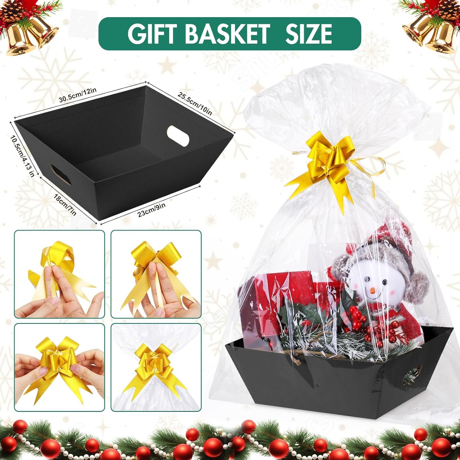 Wholesale 10-Pack Black Empty Gift Baskets 10x12 Inch Thick Kraft with 10 Bows 10 Bags for Christmas Easter Birthdays Snacks Farmers Market Manufacturer