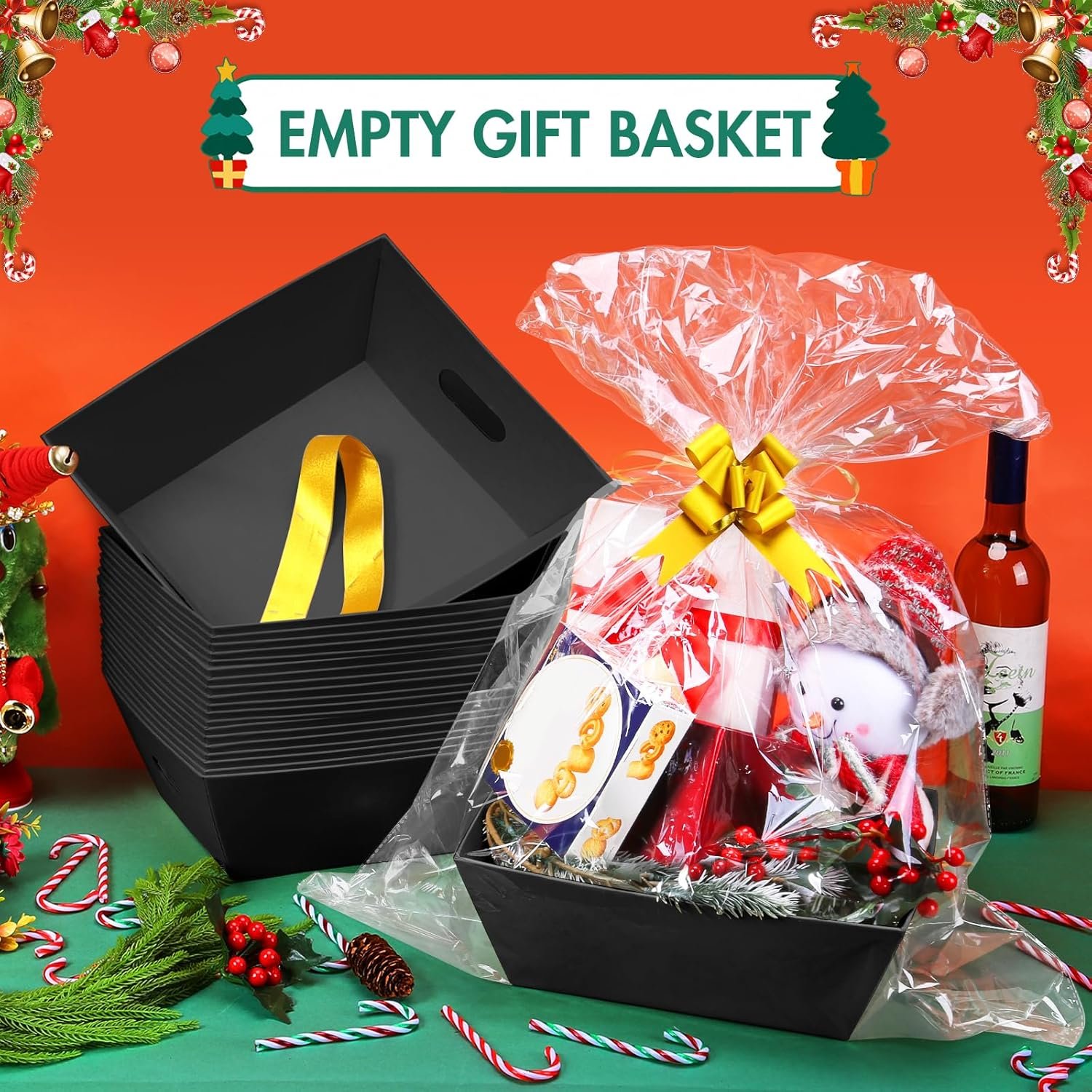 Wholesale 10-Pack Black Empty Gift Baskets 10x12 Inch Thick Kraft with 10 Bows 10 Bags for Christmas Easter Birthdays Snacks Farmers Market Manufacturer