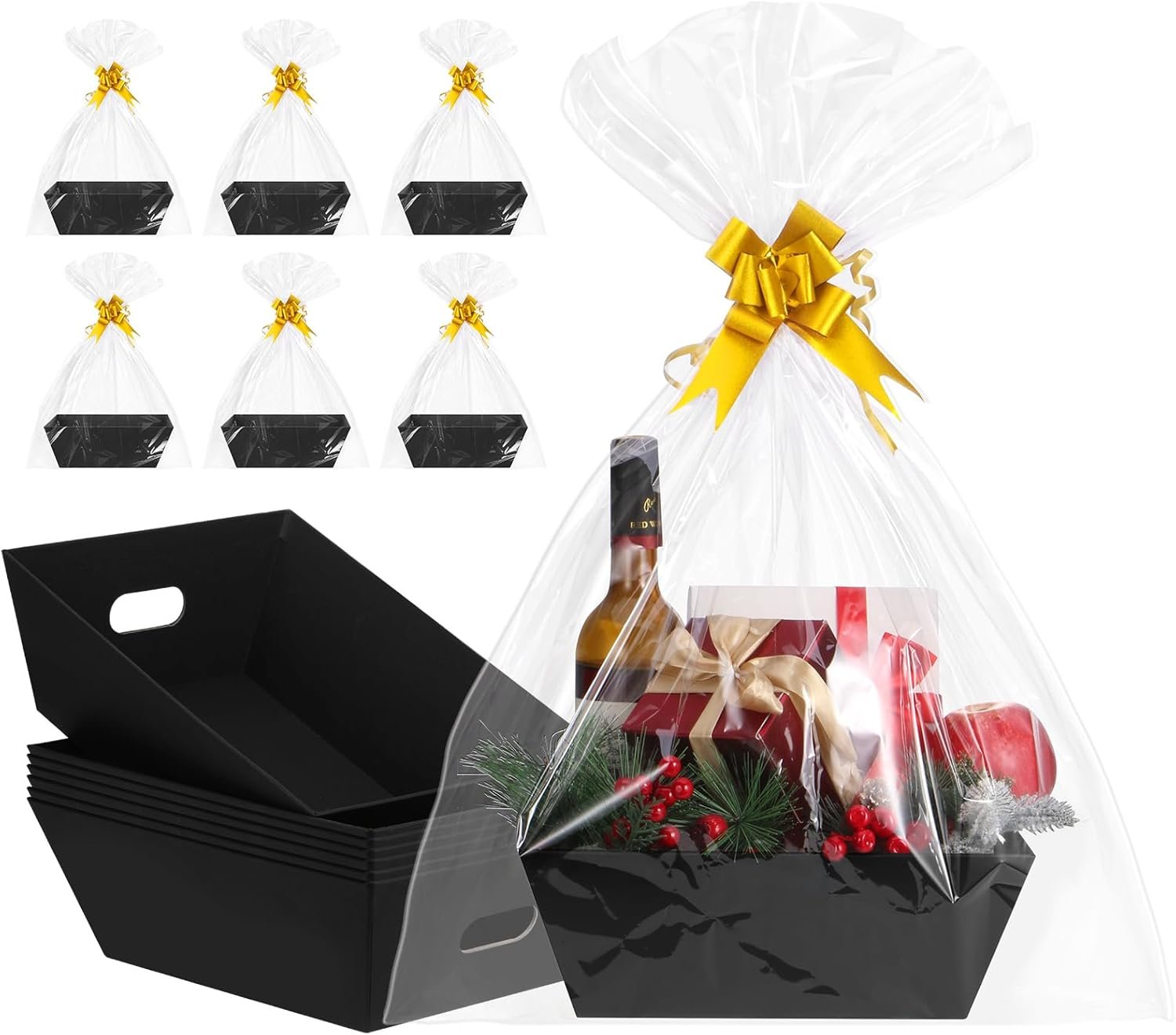 Wholesale 10-Pack Black Empty Gift Baskets 10x12 Inch Thick Kraft with 10 Bows 10 Bags for Christmas Easter Birthdays Snacks Farmers Market Manufacturer