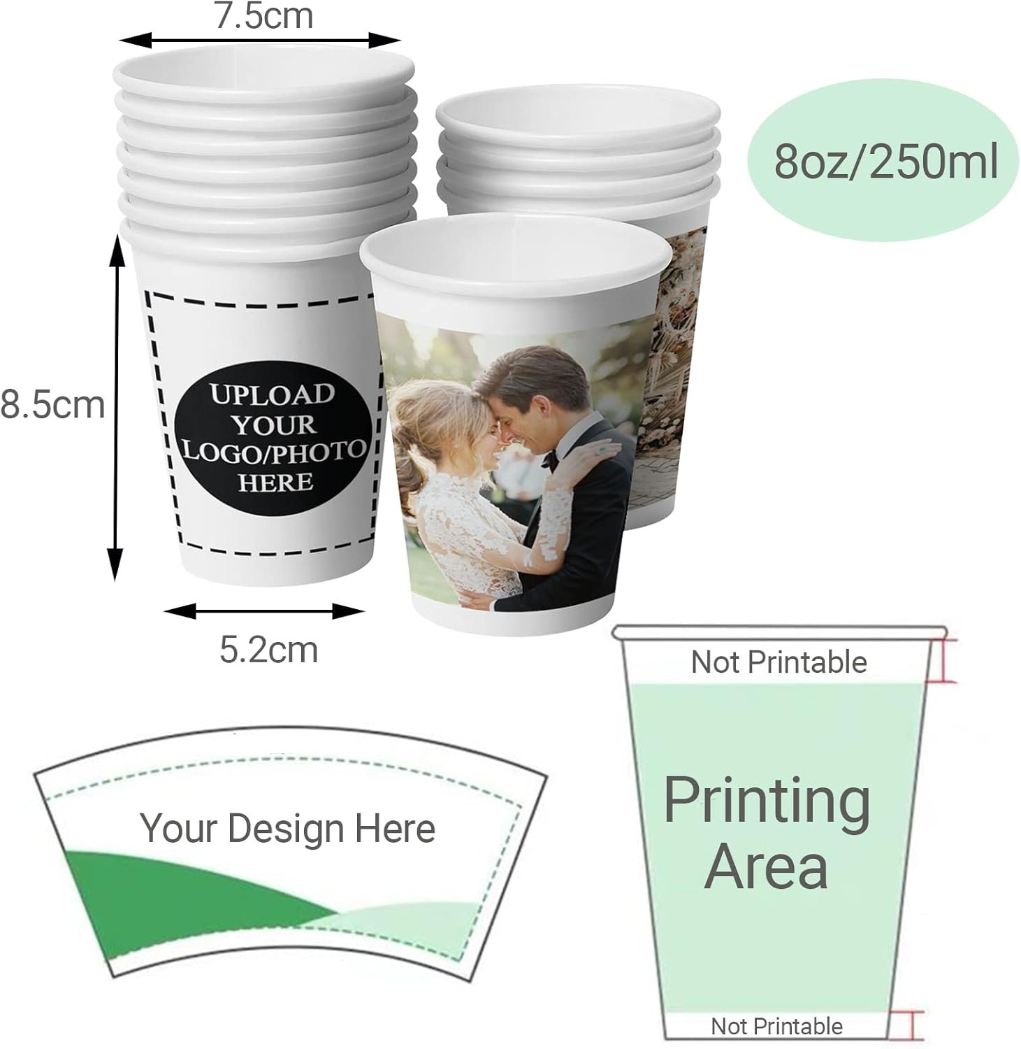OEM Custom 8oz Paper Cups Personalized with Photo Logo Text for Office Coffee Shop Party Wedding Events 50 Pack Manufacturer