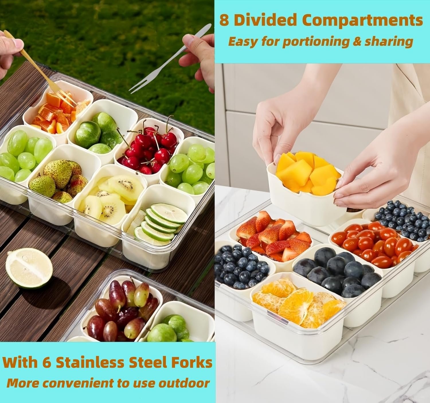 OEM Divided Serving Tray with Lid Handle Portable Snack Container for Nuts Candy Fruits 8 Compartments 6 Forks for Parties Entertaining Picnics Manufacturer
