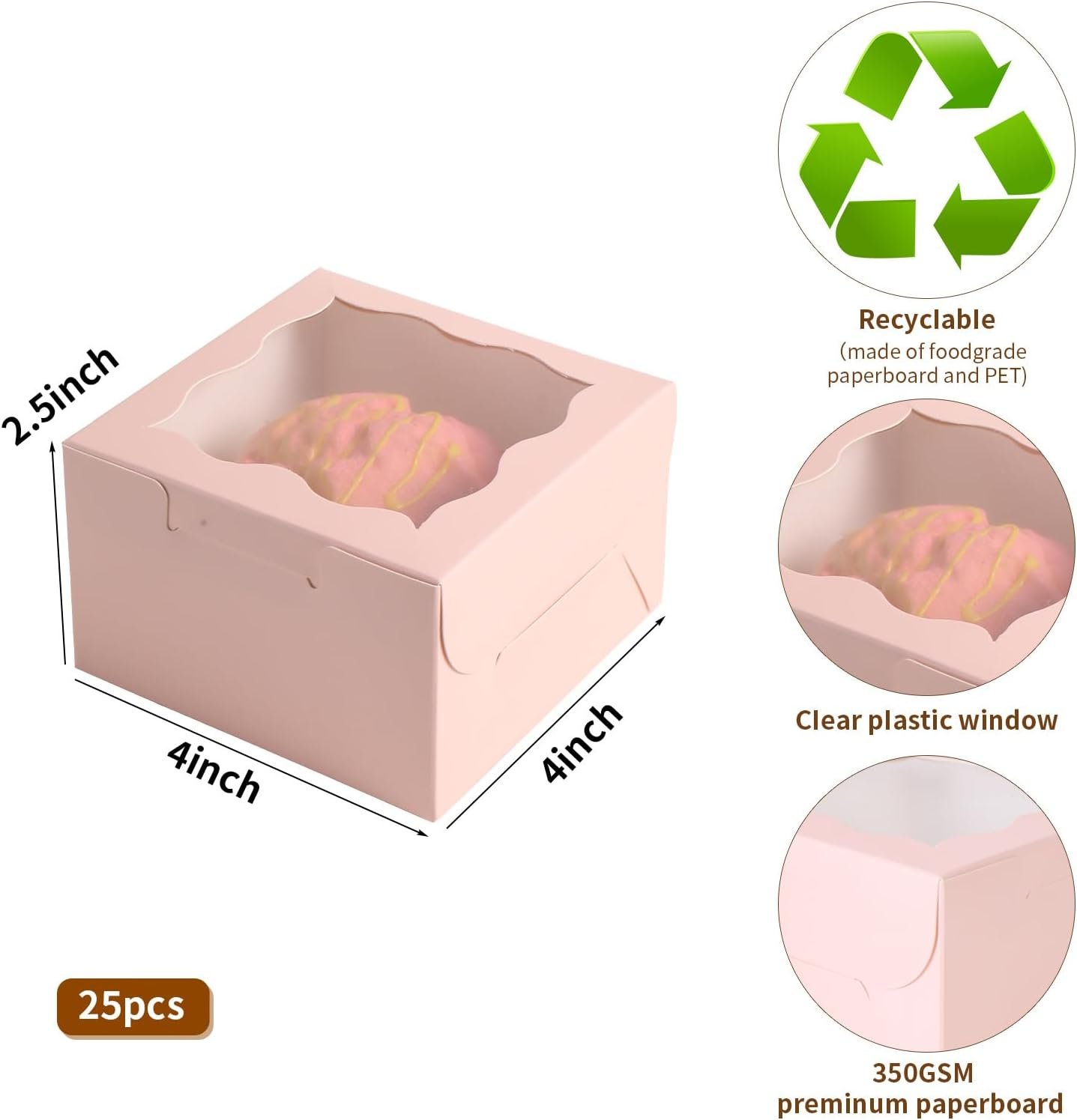 Wholesale 25pcs Pink 4x4x2.5 Inch Small Bakery Cake Boxes with Window for Mini Cakes Pastries Desserts Strawberries Chocolates Cupcakes Gift Boxes with Stickers Manufacturer
