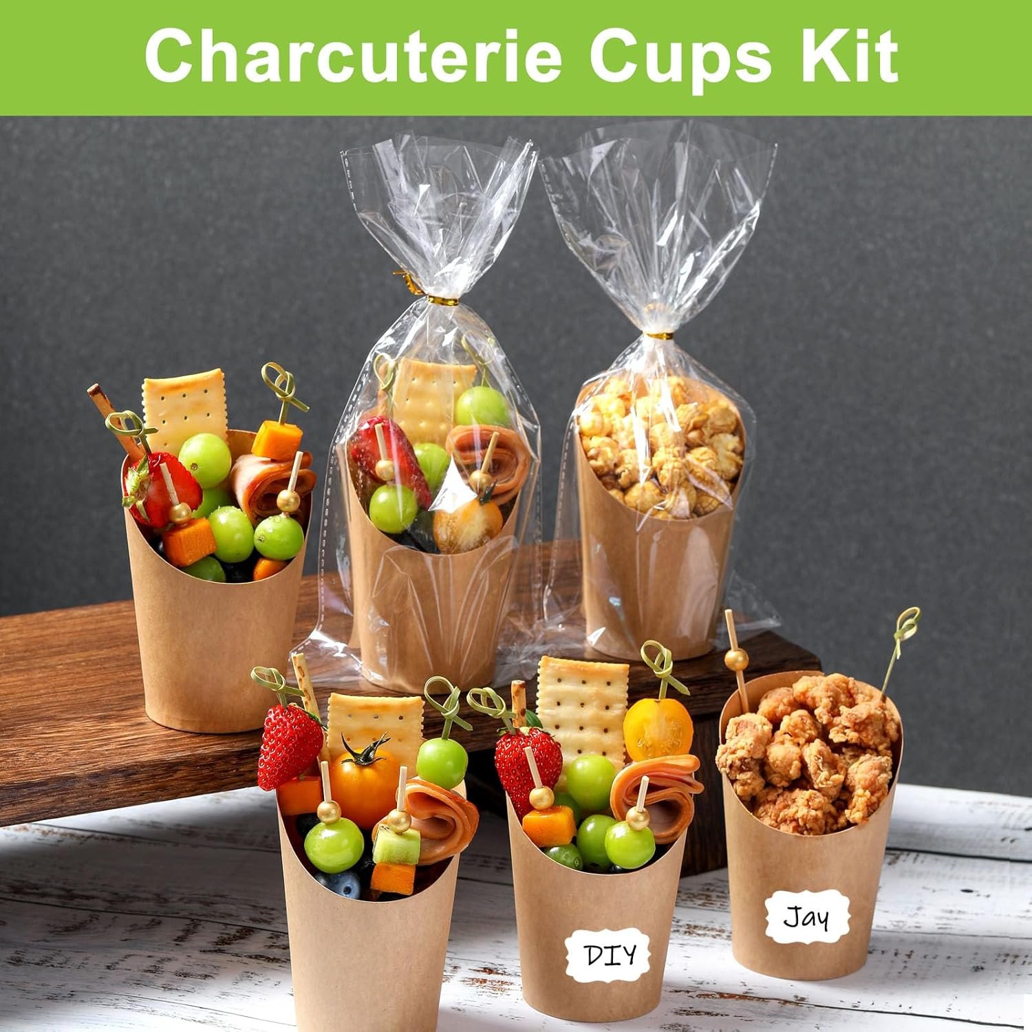 Wholesale 100 Pcs 12oz Charcuterie Cups with Sticks Individual Disposable Handheld Holders 100 Bags 100 Labels 200 Cocktail Skewers Toothpicks Paper Appetizer Snack Boxes for French Fries Brown Manufacturer