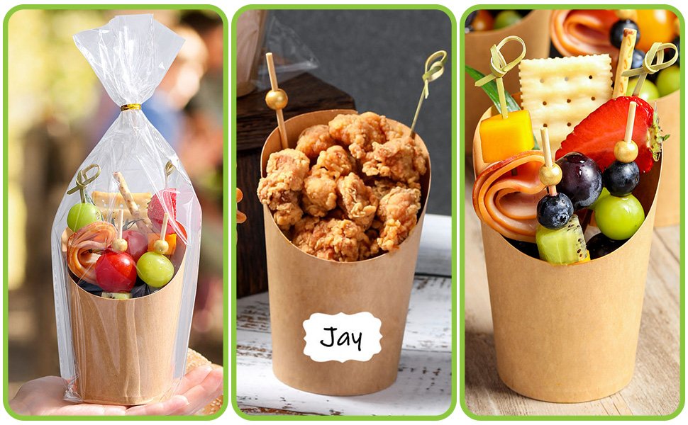 Wholesale 100 Pcs 12oz Charcuterie Cups with Sticks Individual Disposable Handheld Holders 100 Bags 100 Labels 200 Cocktail Skewers Toothpicks Paper Appetizer Snack Boxes for French Fries Brown Manufacturer