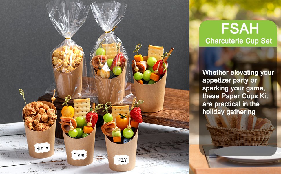 Wholesale 100 Pcs 12oz Charcuterie Cups with Sticks Individual Disposable Handheld Holders 100 Bags 100 Labels 200 Cocktail Skewers Toothpicks Paper Appetizer Snack Boxes for French Fries Brown Manufacturer