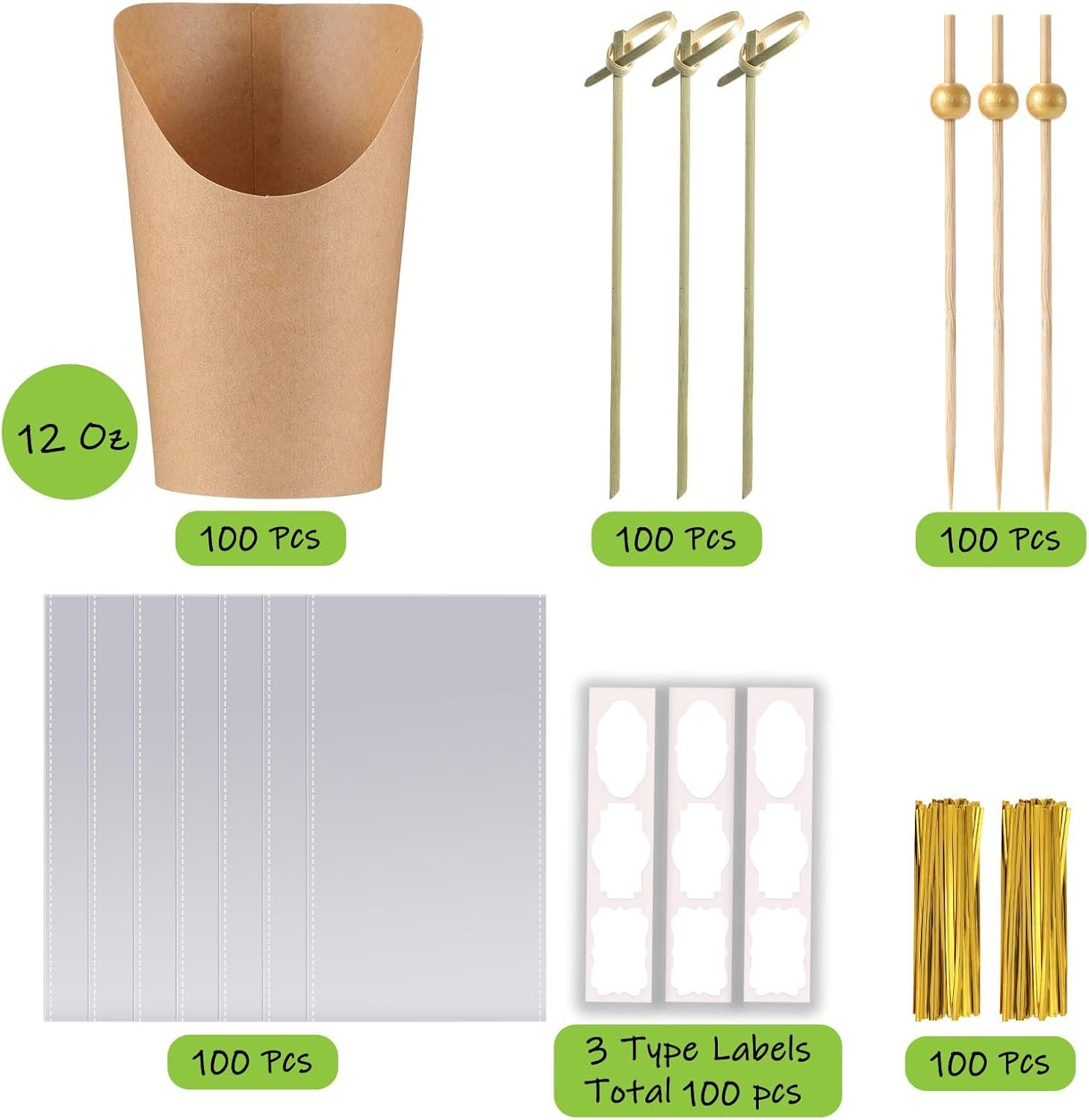 Wholesale 100 Pcs 12oz Charcuterie Cups with Sticks Individual Disposable Handheld Holders 100 Bags 100 Labels 200 Cocktail Skewers Toothpicks Paper Appetizer Snack Boxes for French Fries Brown Manufacturer
