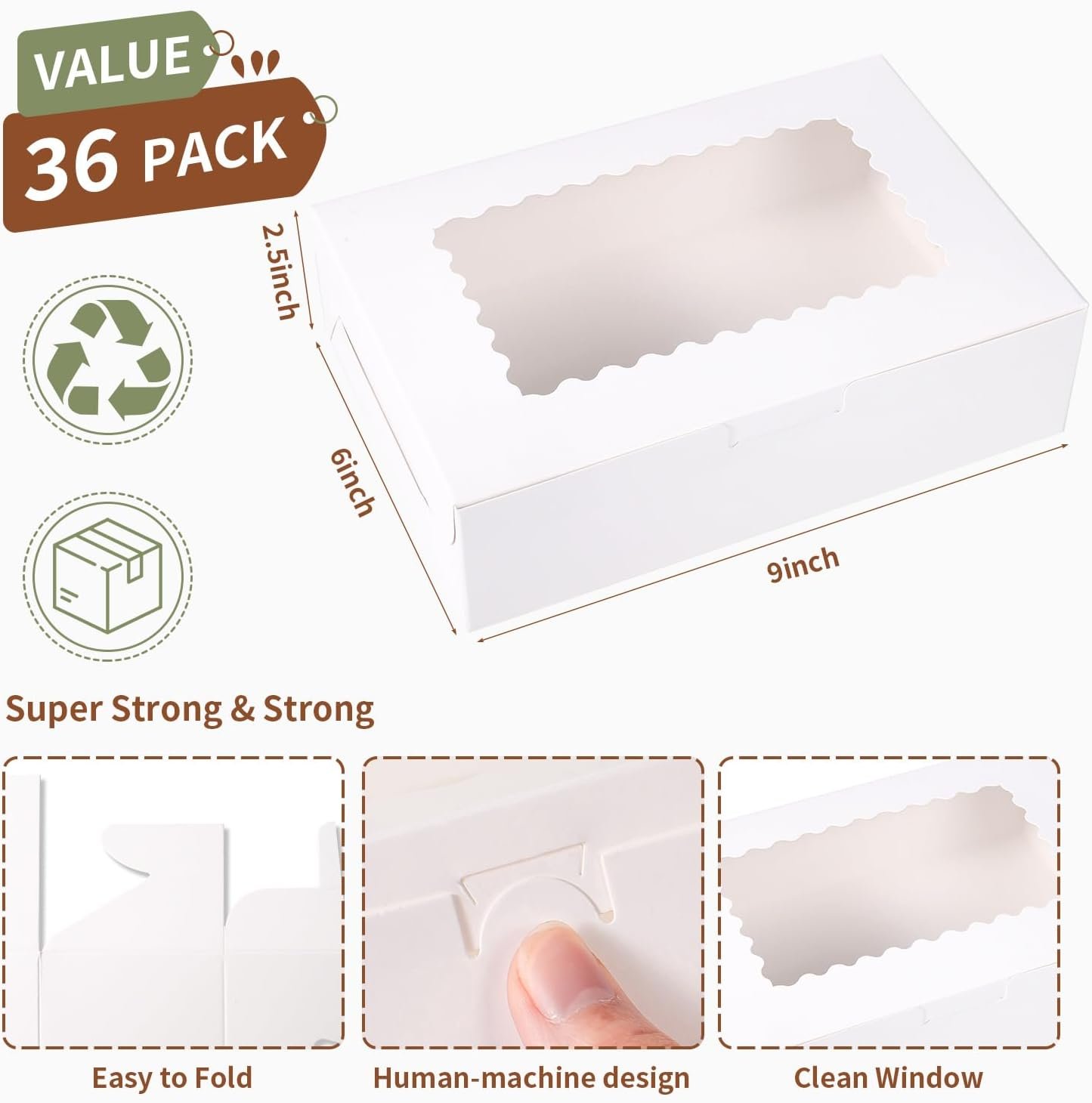 Wholesale 36pcs 9x6x2.5 Inch Large White Bakery Boxes with Window for Cookies Pies Chocolate Strawberries Muffins Donuts Pastry Dessert Christmas Manufacturer