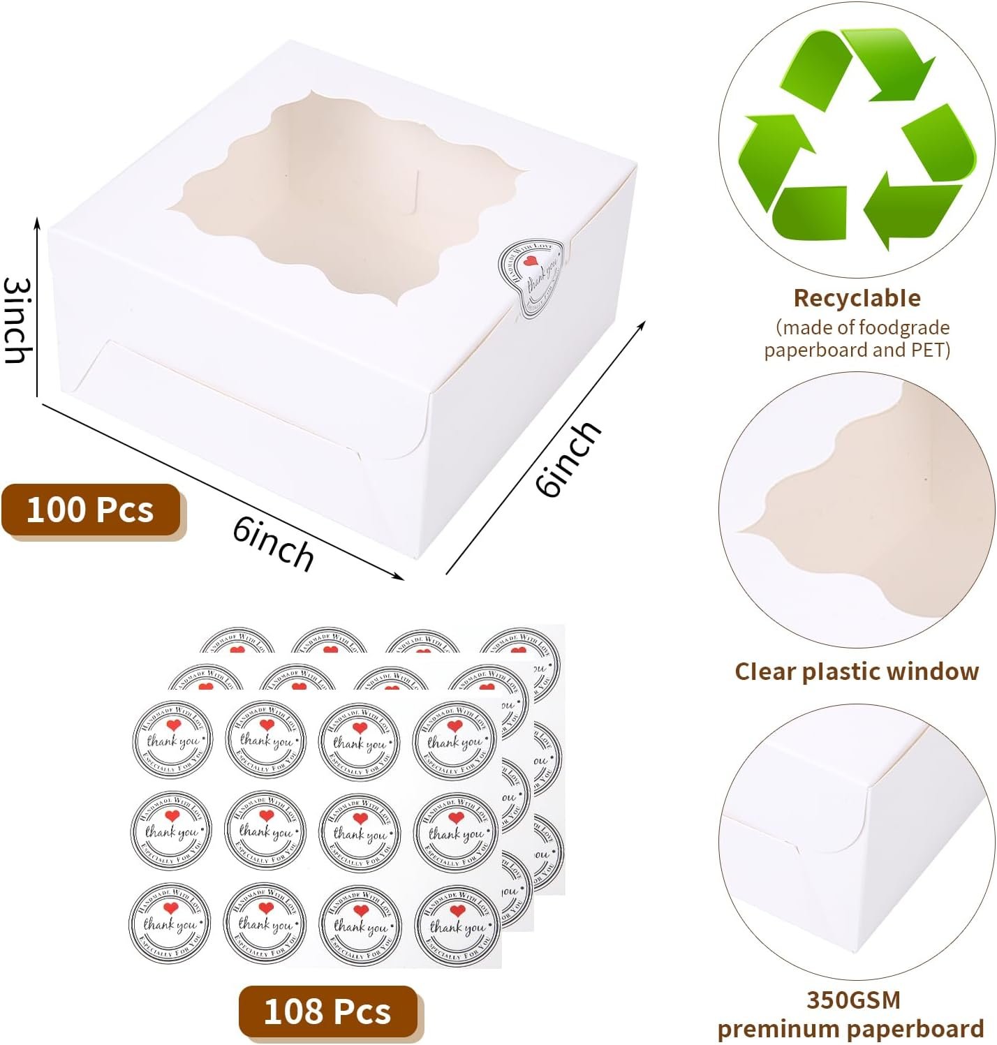 Wholesale 100 pcs 6x6x3 Inches Small Cake Boxes with Window for Cookies Bakery Pastry Mini Pies Desserts Strawberries Chocolates Cupcakes with Paper Stickers White Manufacturer Wholesale 100 pcs 6x6x3 Inches Small Cake Boxes with Window for Cookies Bakery Pastry Mini Pies Desserts Strawberries Chocolates Cupcakes with Paper Stickers White Manufacturer