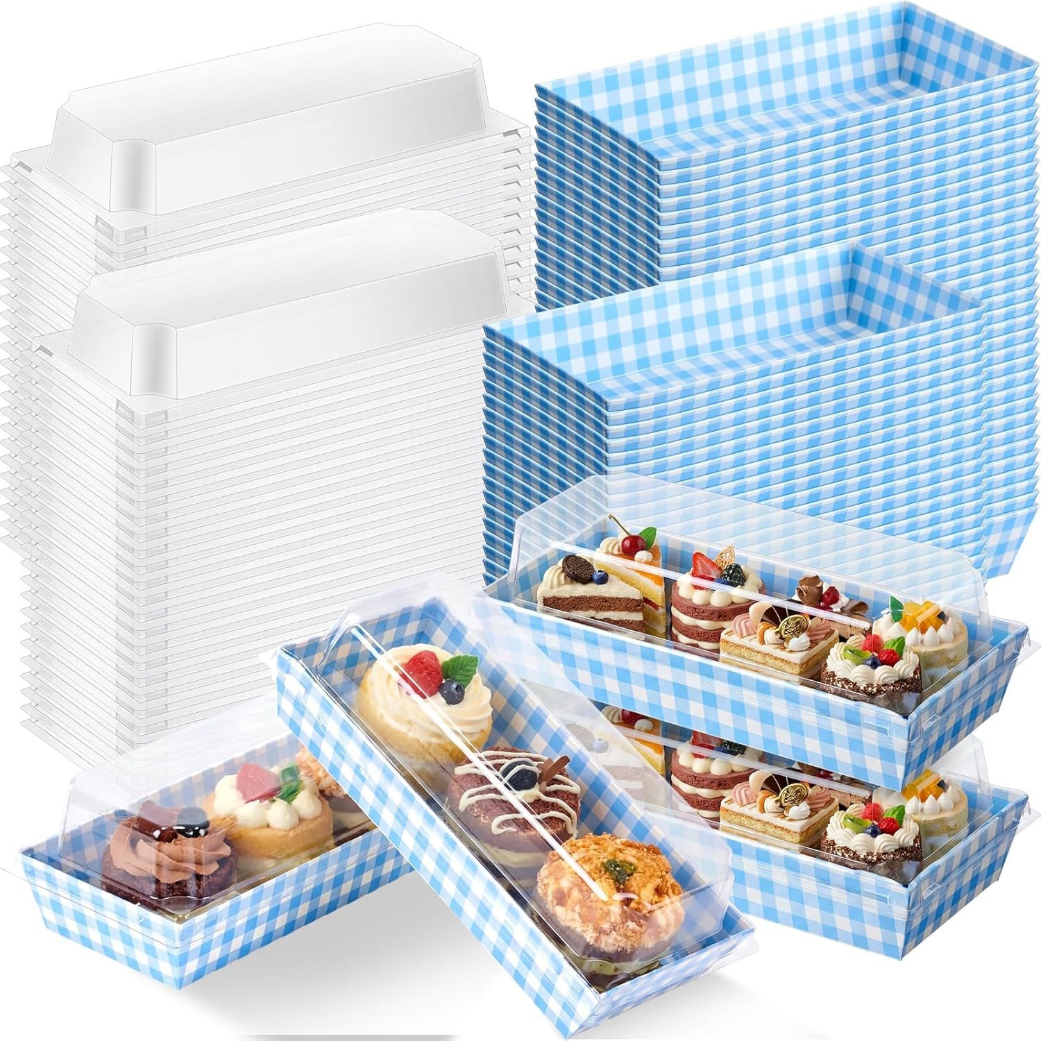 Wholesale 50 Pack Blue Plaid Cookie Snack Boxes with Clear Lids Disposable Dessert Presentation Boxes for Parties Weddings Picnics Events Manufacturer