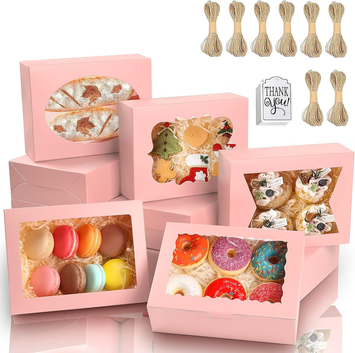 Wholesale 65 PCS 8x6x2.5 Inch Pink Cookie Boxes with Windows Bakery Pastry Boxes for Gifts Treats Desserts Cupcakes Chocolates Strawberries Donuts Muffins 5 Styles Manufacturer