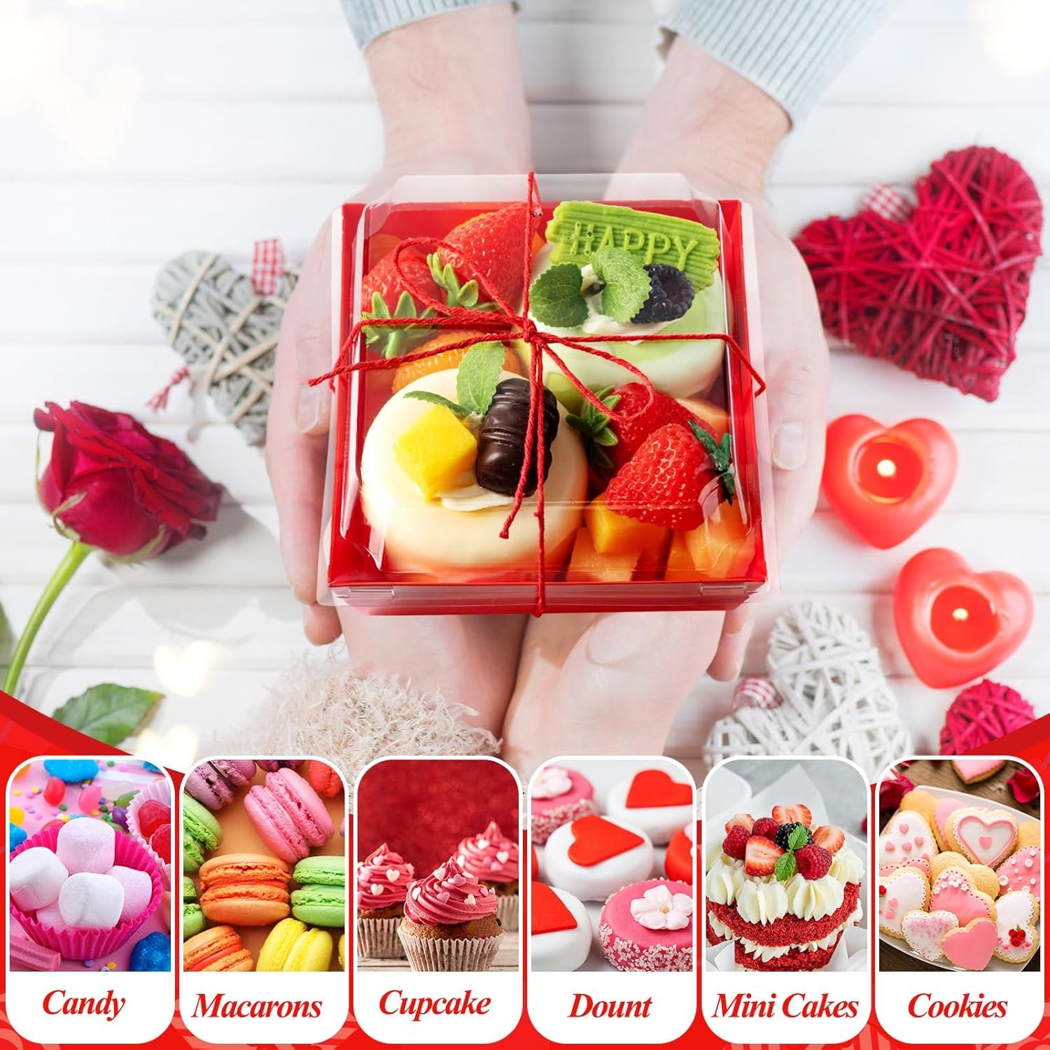 Wholesale 200 Pcs 5'' Disposable Square Charcuterie Boxes with Clear Lids Red Paper Food Bakery Containers for Party Cake Cookie Sandwich Manufacturer