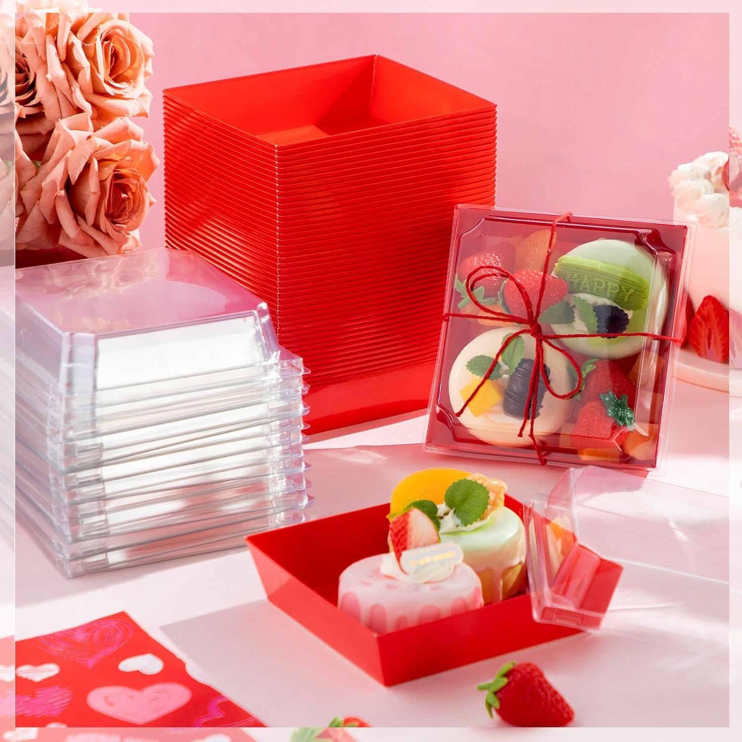 Wholesale 200 Pcs 5'' Disposable Square Charcuterie Boxes with Clear Lids Red Paper Food Bakery Containers for Party Cake Cookie Sandwich Manufacturer