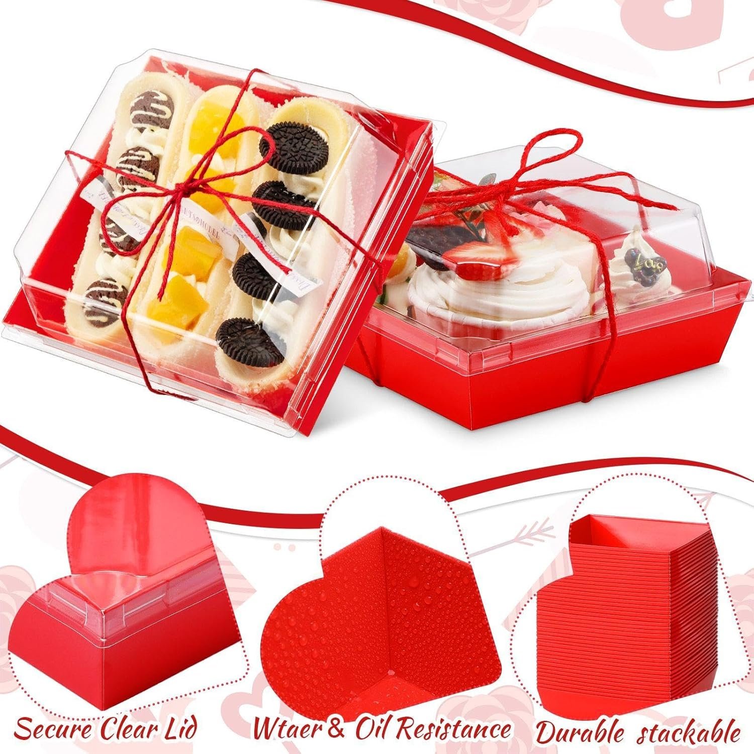 Wholesale 200 Pcs 5'' Disposable Square Charcuterie Boxes with Clear Lids Red Paper Food Bakery Containers for Party Cake Cookie Sandwich Manufacturer