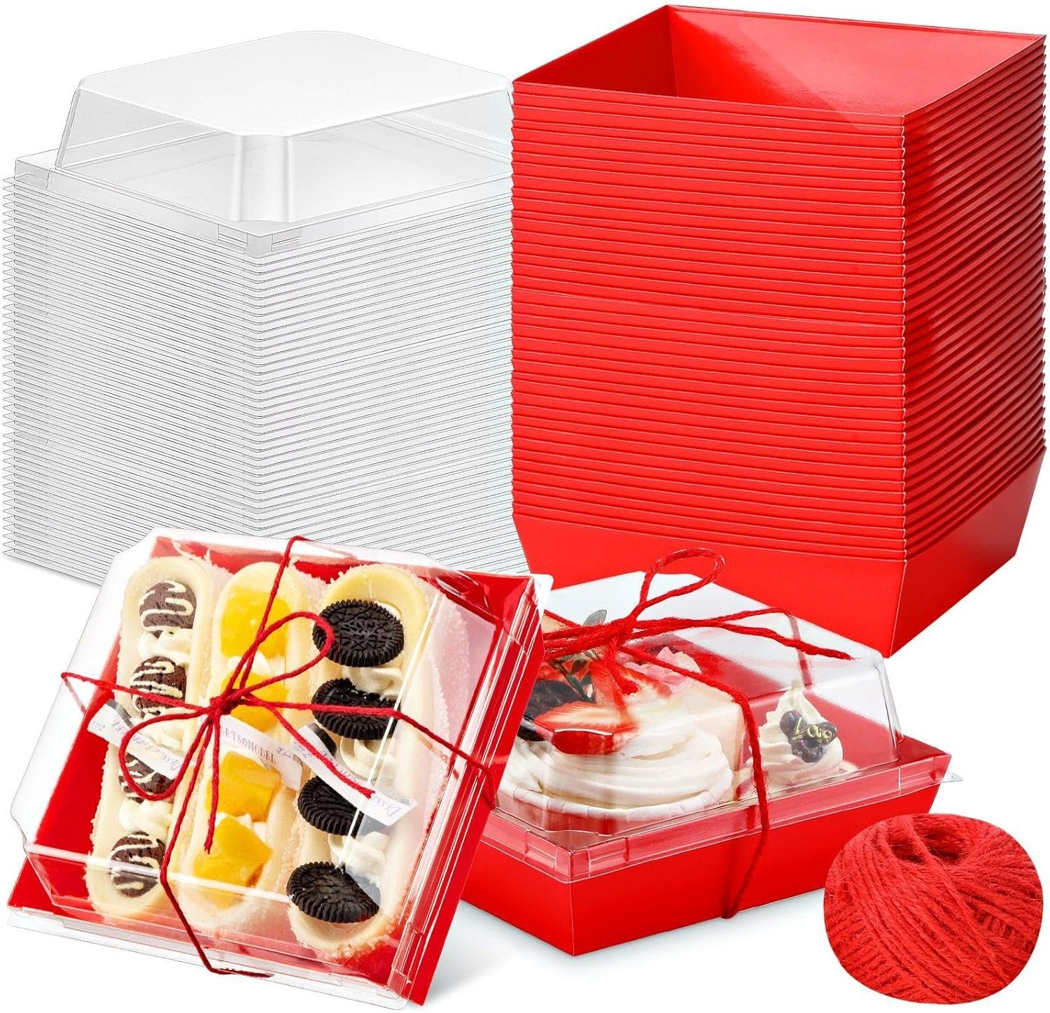 Wholesale 200 Pcs 5'' Disposable Square Charcuterie Boxes with Clear Lids Red Paper Food Bakery Containers for Party Cake Cookie Sandwich Manufacturer