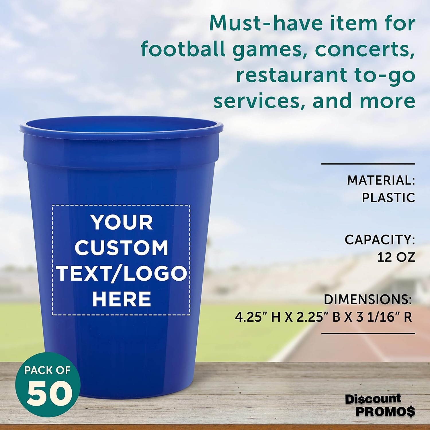 Private Label Custom Disposable Plastic Cups 12 oz Set of 50 Personalized Bulk Pack for Summer Sporting Events Birthdays Weddings Picnics Beach Parties Reflex Blue Manufacturer