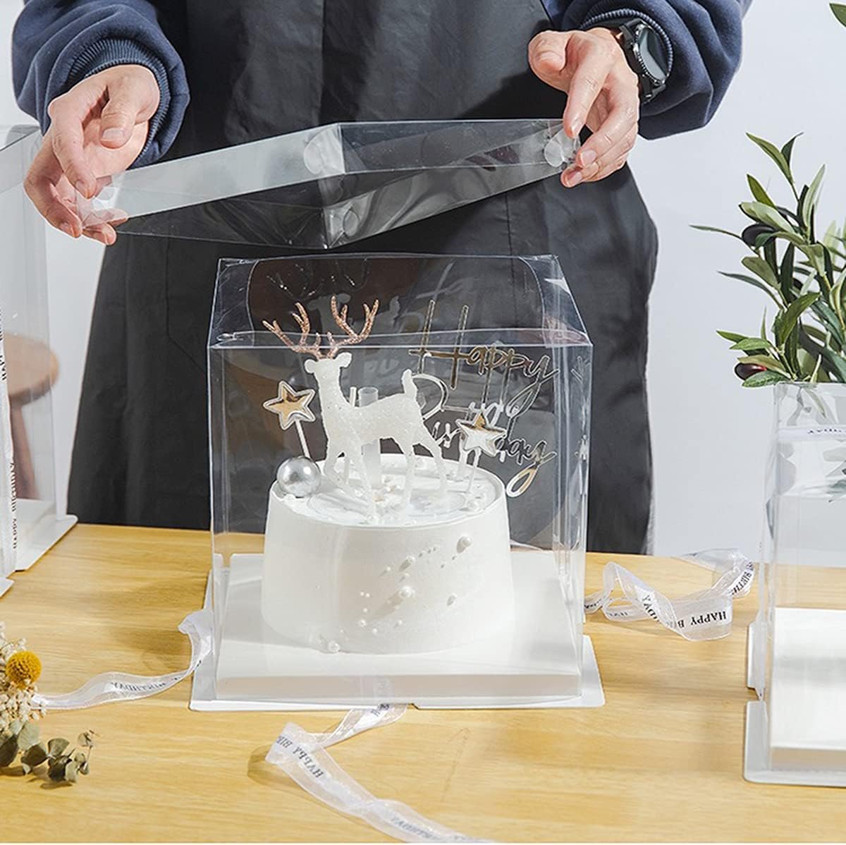 Wholesale 6Pcs 6 Inch Clear Cake Boxes with Ribbon for Christmas Bakery Treats Holiday Pastries Gift Giving White Manufacturer