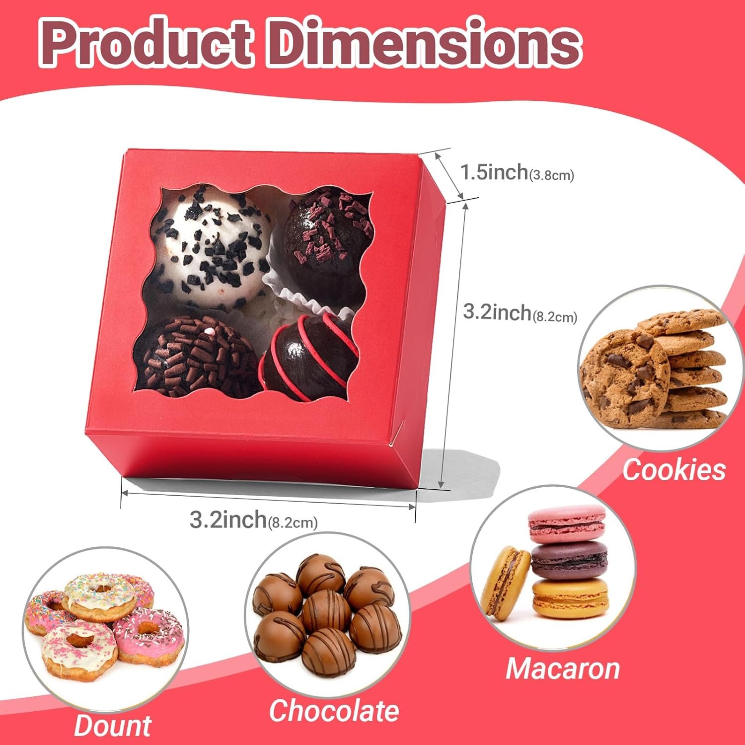 Wholesale 50PCS 3.25x3.25x1.5 Inches Red Bakery Boxes with Window for Cookie Macaron Mini Cake Truffle Gifts Christmas Birthday Wedding Valentines Day Party Favors Manufacturer
