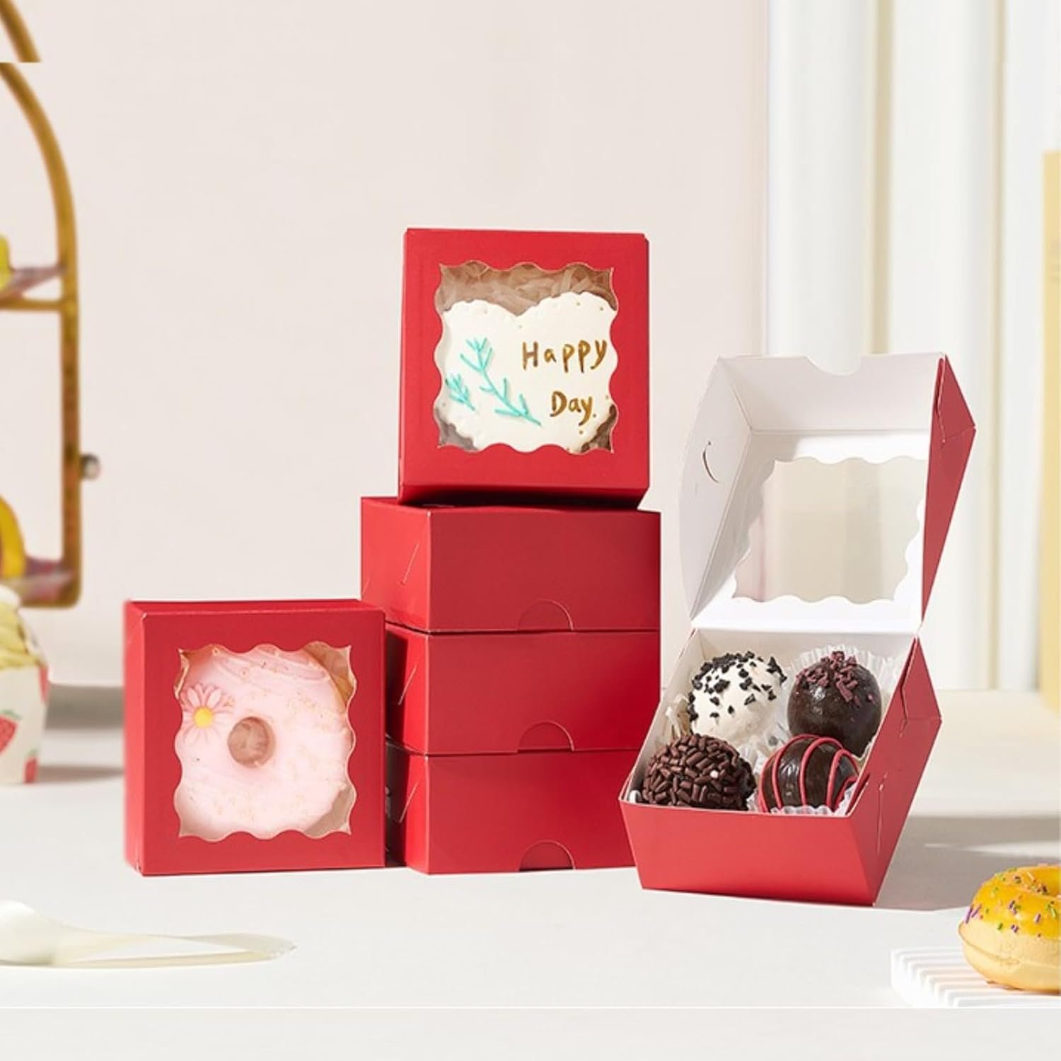 Wholesale 50PCS 3.25x3.25x1.5 Inches Red Bakery Boxes with Window for Cookie Macaron Mini Cake Truffle Gifts Christmas Birthday Wedding Valentines Day Party Favors Manufacturer