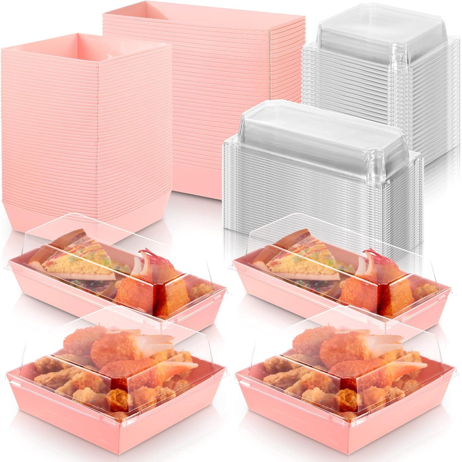 Wholesale 100 Pieces Pink Charcuterie Boxes in 2 Sizes with Clear Lids Disposable Paper Dessert Containers for Sandwiches Cakes Slices Cookies Bakery Chocolates Strawberries Manufacturer