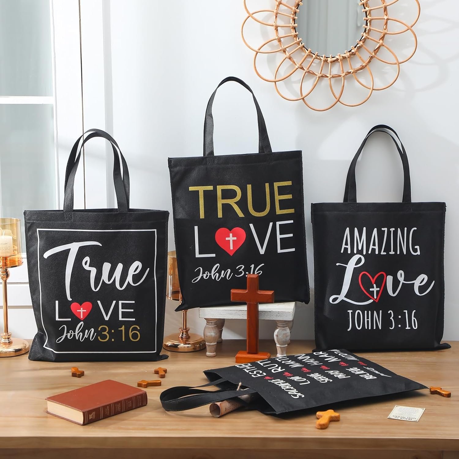 Wholesale 24 Pcs Christian Tote Gift Bags Bulk Large Jesus Scripture 15x17 Inch Religious Non Woven John 3:16 Bible Church Gifts Black Manufacturer