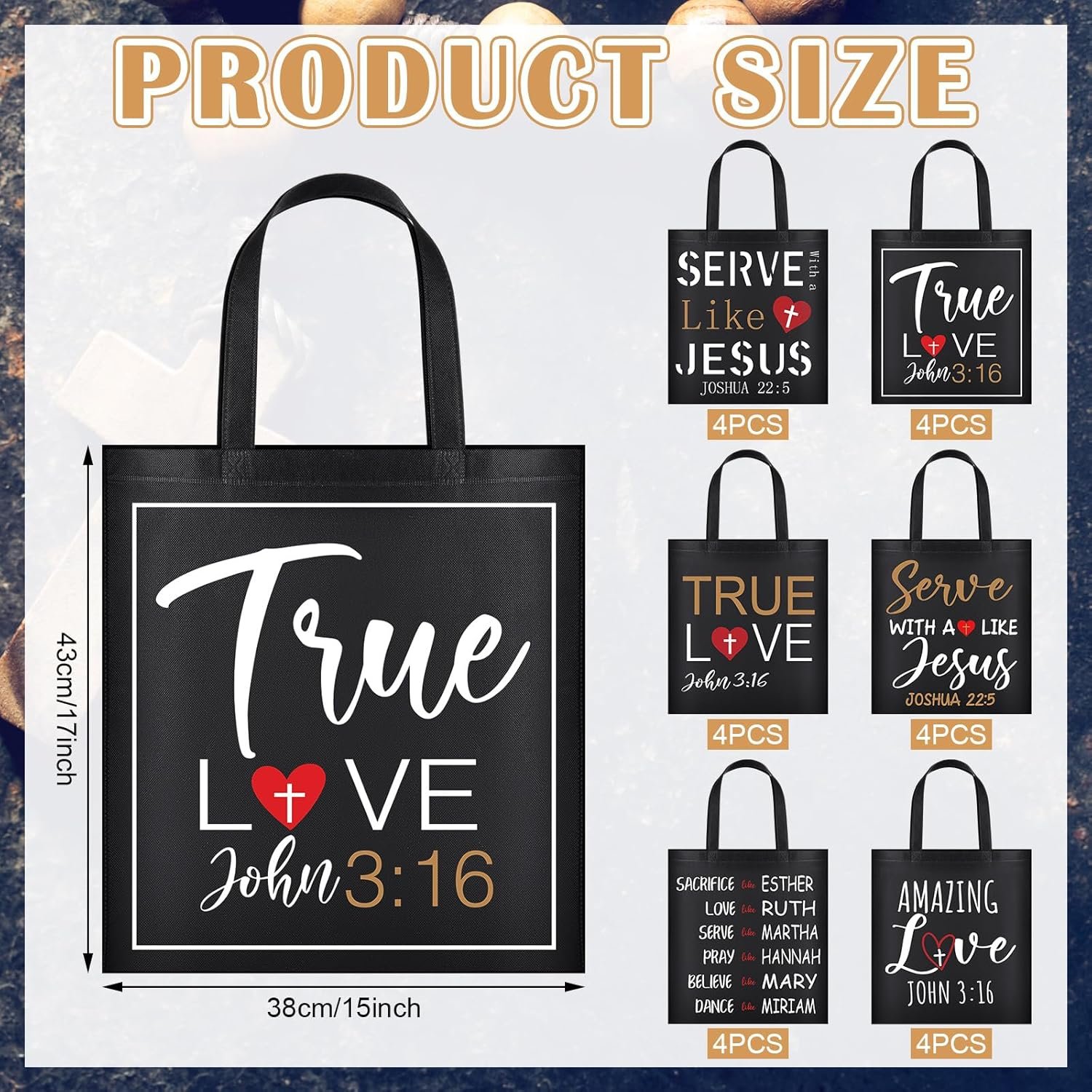 Wholesale 24 Pcs Christian Tote Gift Bags Bulk Large Jesus Scripture 15x17 Inch Religious Non Woven John 3:16 Bible Church Gifts Black Manufacturer