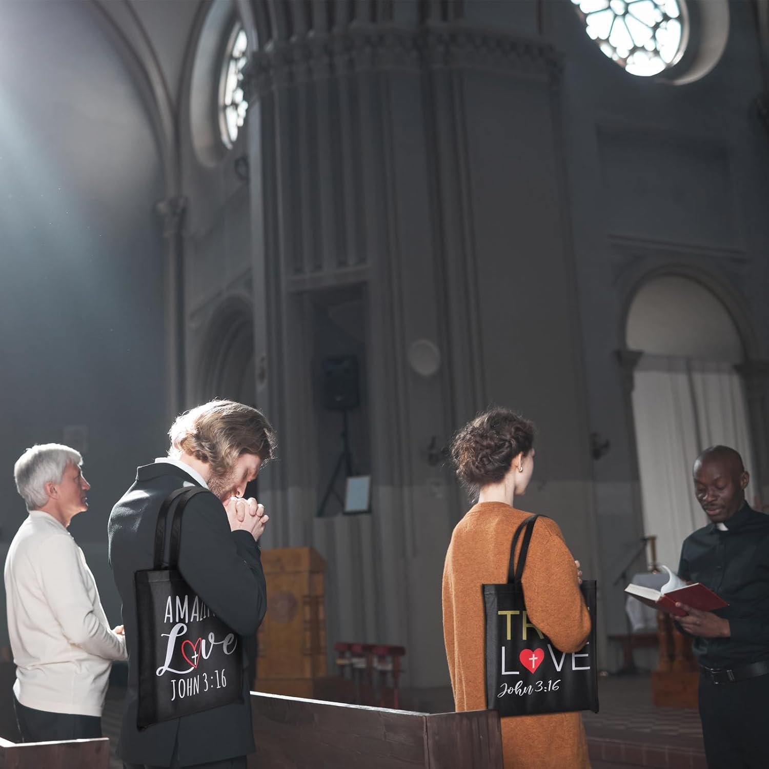 Wholesale 24 Pcs Christian Tote Gift Bags Bulk Large Jesus Scripture 15x17 Inch Religious Non Woven John 3:16 Bible Church Gifts Black Manufacturer