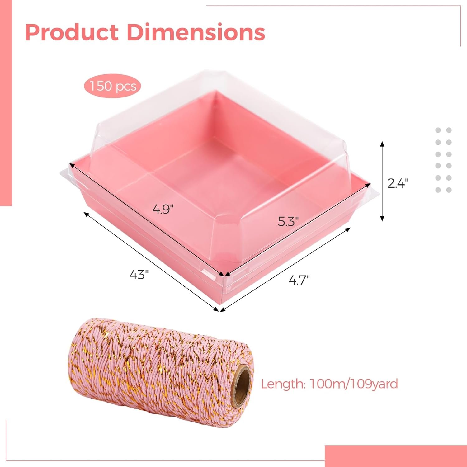 Wholesale 150 Pcs Disposable Cake Containers with Lids Charcuterie Boxes Square Pink Dessert Storage Transparent Plastic Covers Includes 1 Roll Cotton String for Easy Packaging Manufacturer Wholesale 150 Pcs Disposable Cake Containers with Lids Charcuterie Boxes Square Pink Dessert Storage Transparent Plastic Covers Includes 1 Roll Cotton String for Easy Packaging Manufacturer