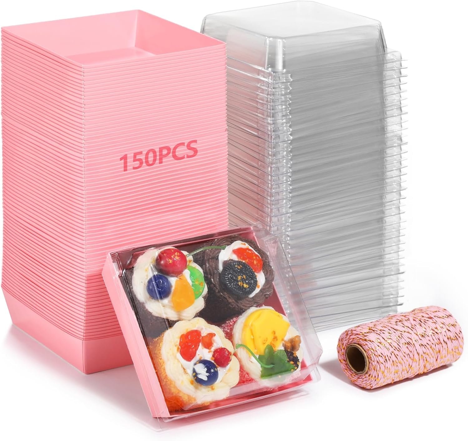 Wholesale 150 Pcs Disposable Cake Containers with Lids Charcuterie Boxes Square Pink Dessert Storage Transparent Plastic Covers Includes 1 Roll Cotton String for Easy Packaging Manufacturer Wholesale 150 Pcs Disposable Cake Containers with Lids Charcuterie Boxes Square Pink Dessert Storage Transparent Plastic Covers Includes 1 Roll Cotton String for Easy Packaging Manufacturer