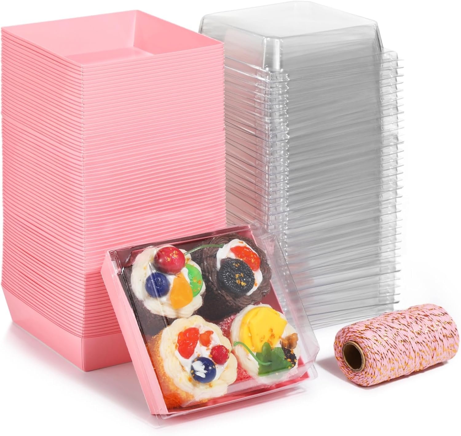 Wholesale 150 Pcs Disposable Cake Containers with Lids Charcuterie Boxes Square Pink Dessert Storage Transparent Plastic Covers Includes 1 Roll Cotton String for Easy Packaging Manufacturer