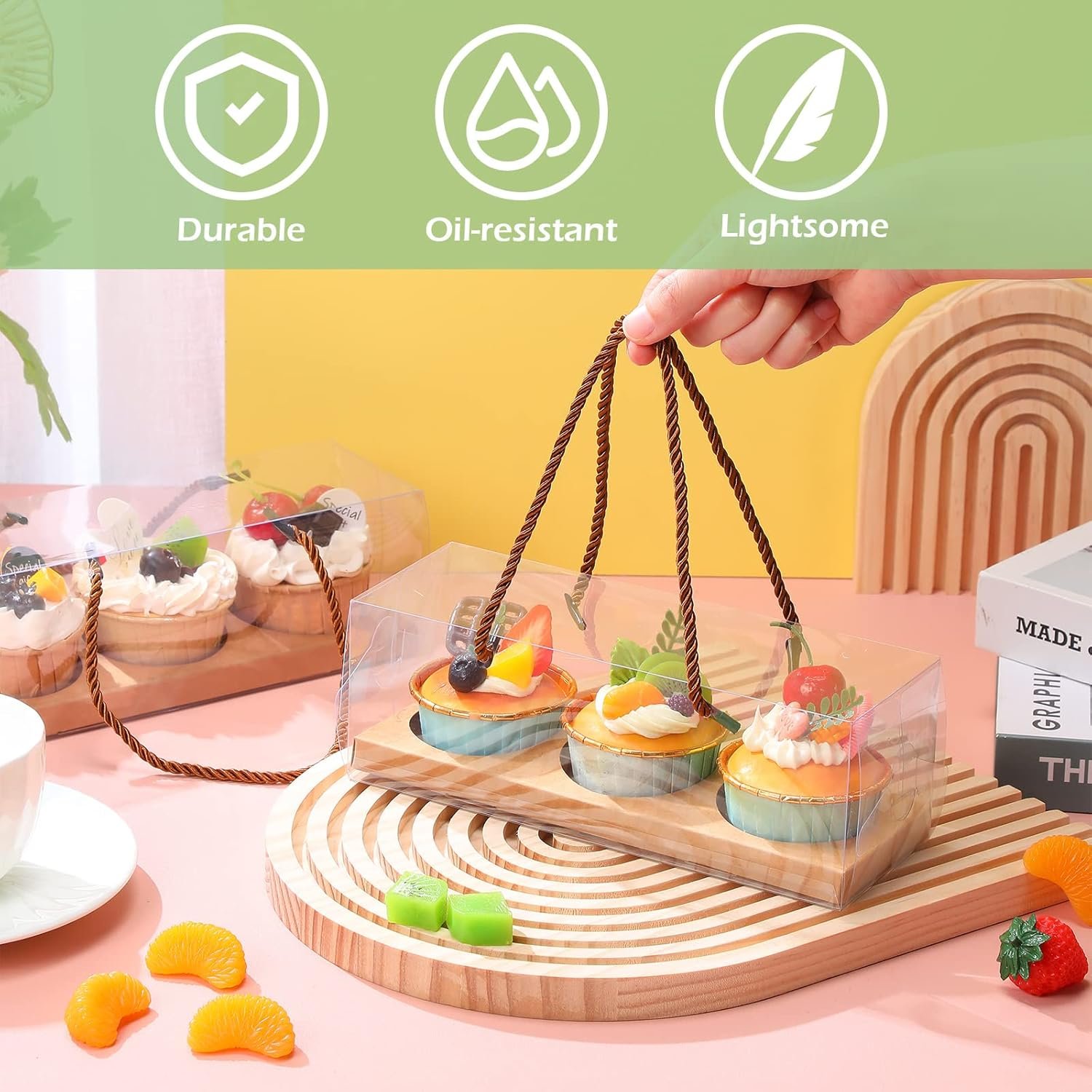 Wholesale 20 Pcs 9 x 3 x 3 Inch Clear Cupcake Boxes with Handles and 3-Count Inserts Portable Pastry Packaging for Cupcakes Muffins Bakery Containers Mothers Day Wedding Party (Brown) Manufacturer