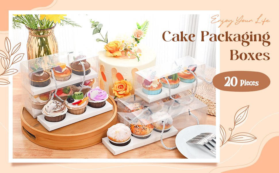 Wholesale 20 Pcs 9 x 3 x 3 Inch Clear Cupcake Boxes with Handles and 3-Count Inserts Portable Pastry Packaging for Cupcakes Muffins Bakery Containers Mothers Day Wedding Party (Brown) Manufacturer